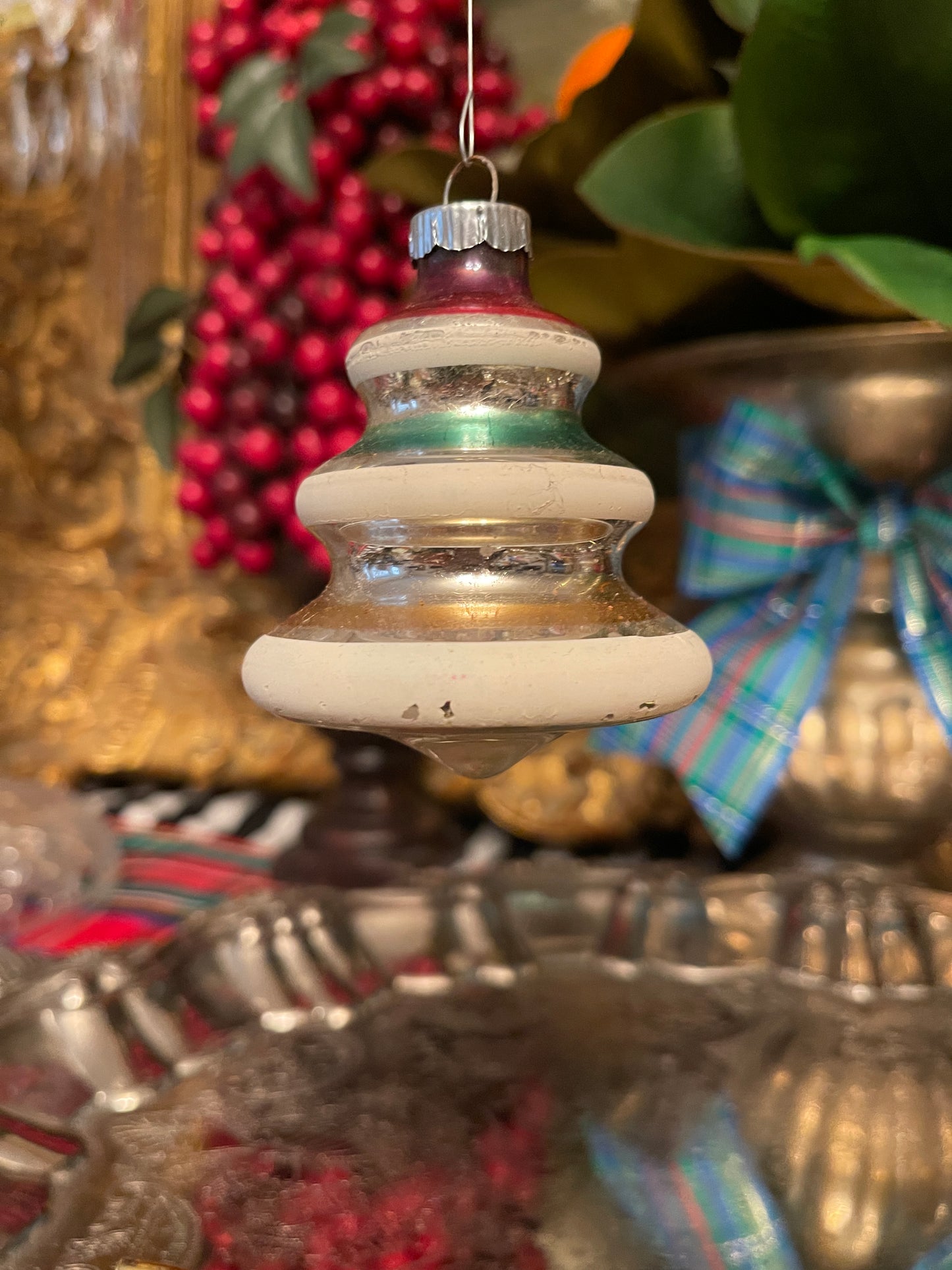 Vintage Shiny Brite Striped Mica UFO Tree Ornament Pair, Mid Century, Holiday Estate Decor