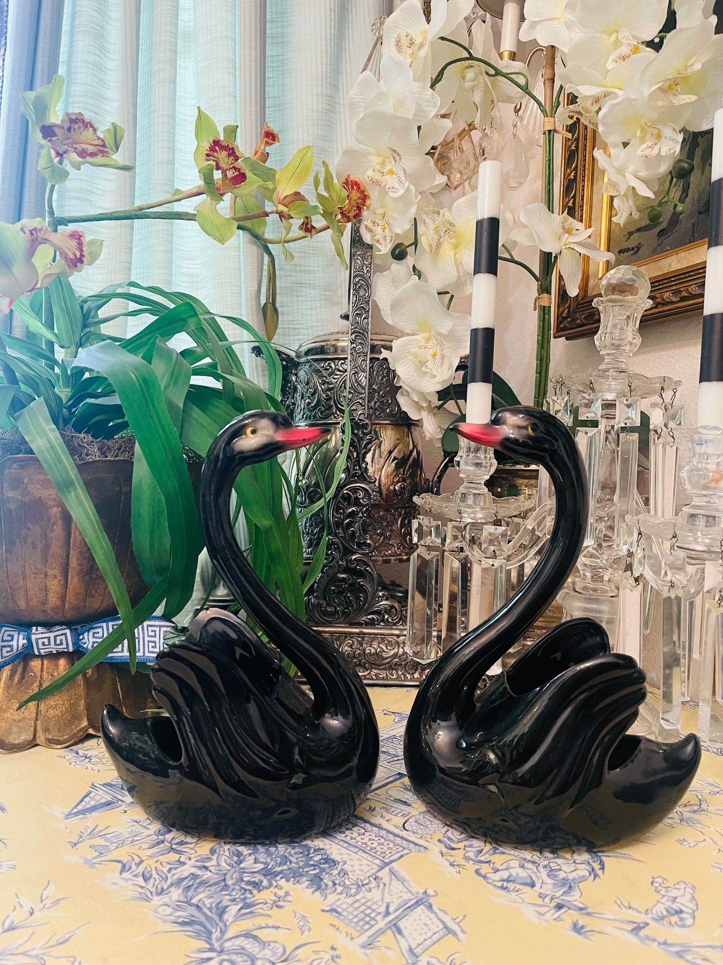 Black Swan Cache Pot Planter Pair, Mid 20th Century, Maddox Pottery