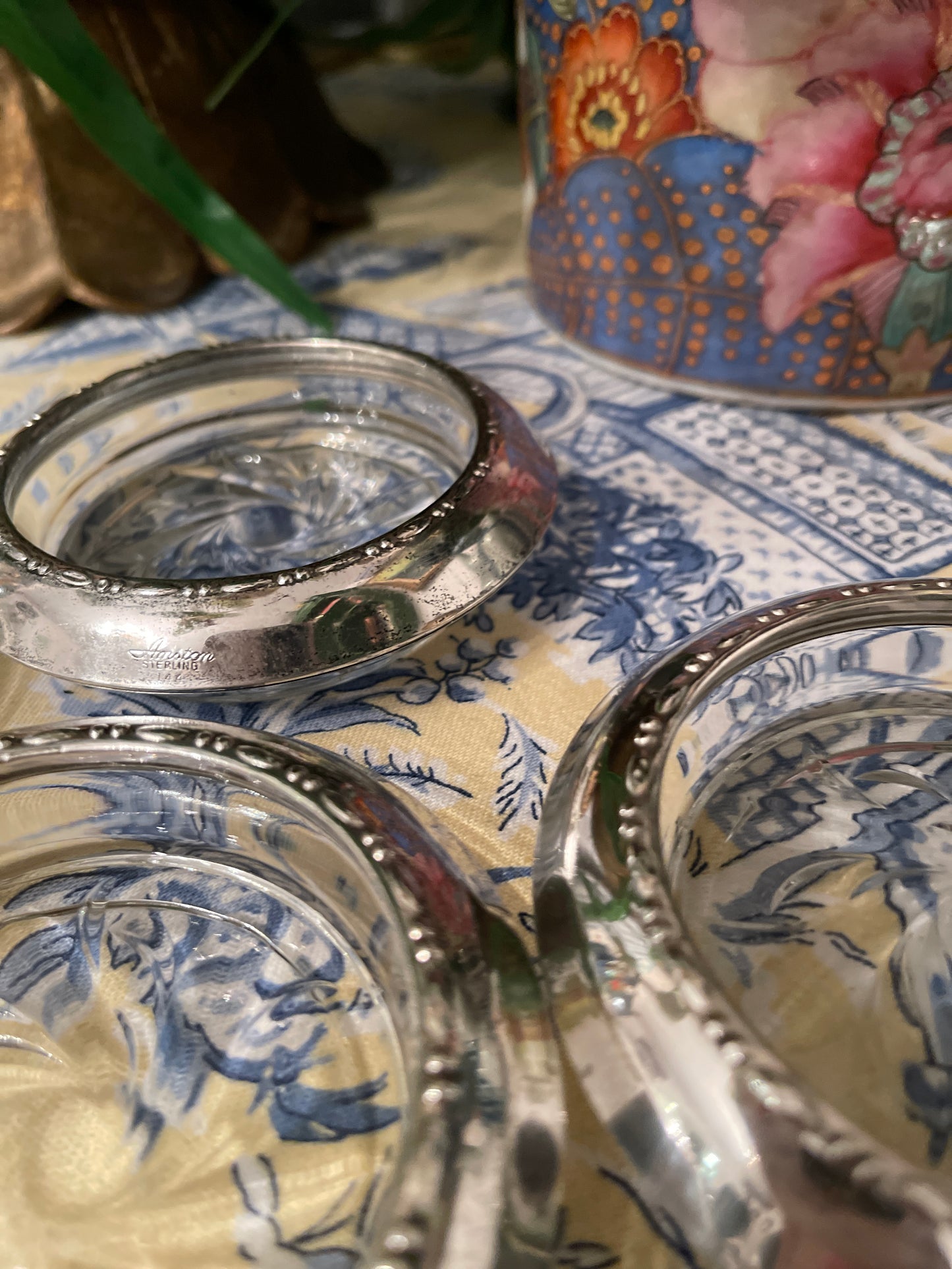 Vintage Sterling Silver and Crystal Georgian Bead by Amston Coaster Set, Set of Six, Southern Estate Decor