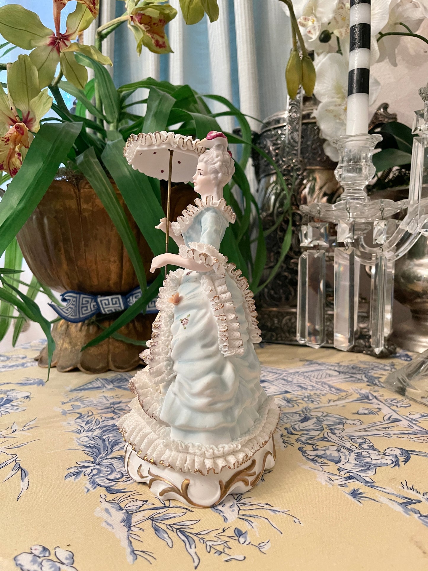 Victorian Statuette with Parasol, French Blue and White Dresden Style Lace Dress with Applied Porcelain Flowers