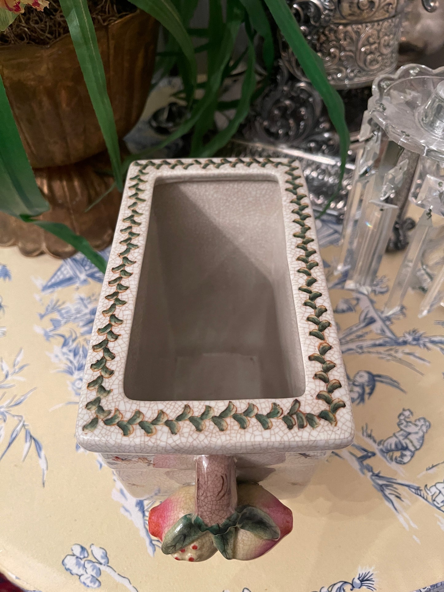 Vintage Chinoiserie Bird Footed Cachepot Planter with Applied Fruit Handles