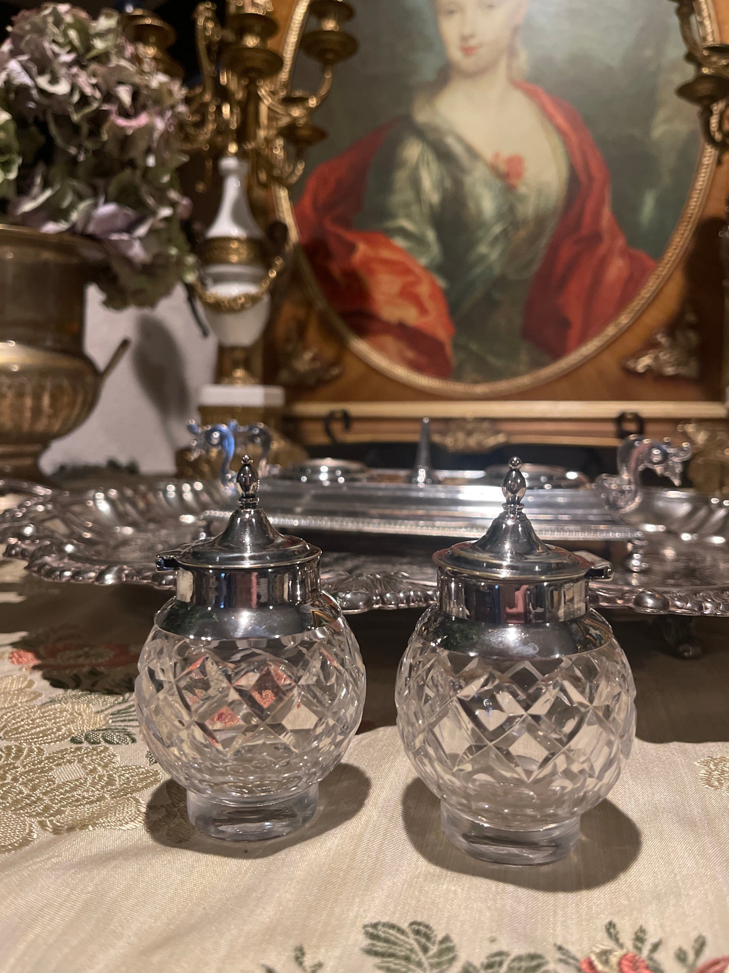 Classic Silver Plate and Cut Crystal Ink Well, Estate Decor