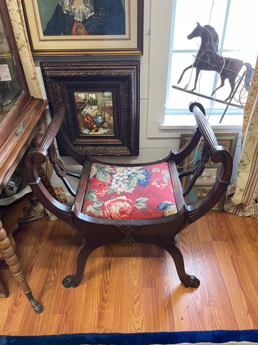 Vintage Regency Revival Mahogany Dressing Bench with Floral Chintz Upholstery-