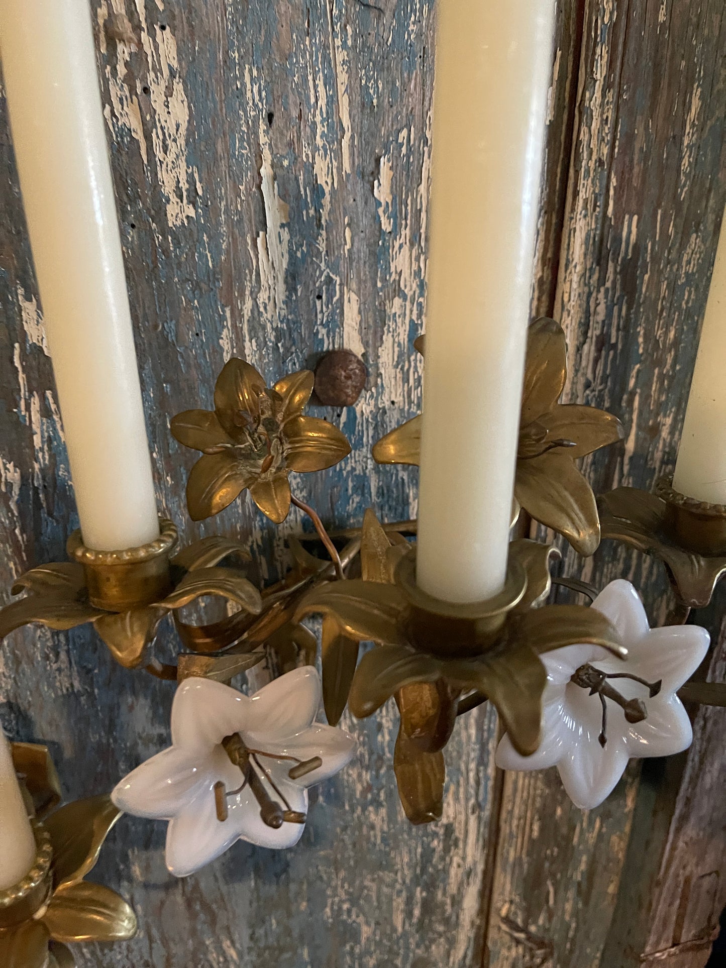 Antique French Church Gold Tole and Milk Glass Wall Sconces, Pair