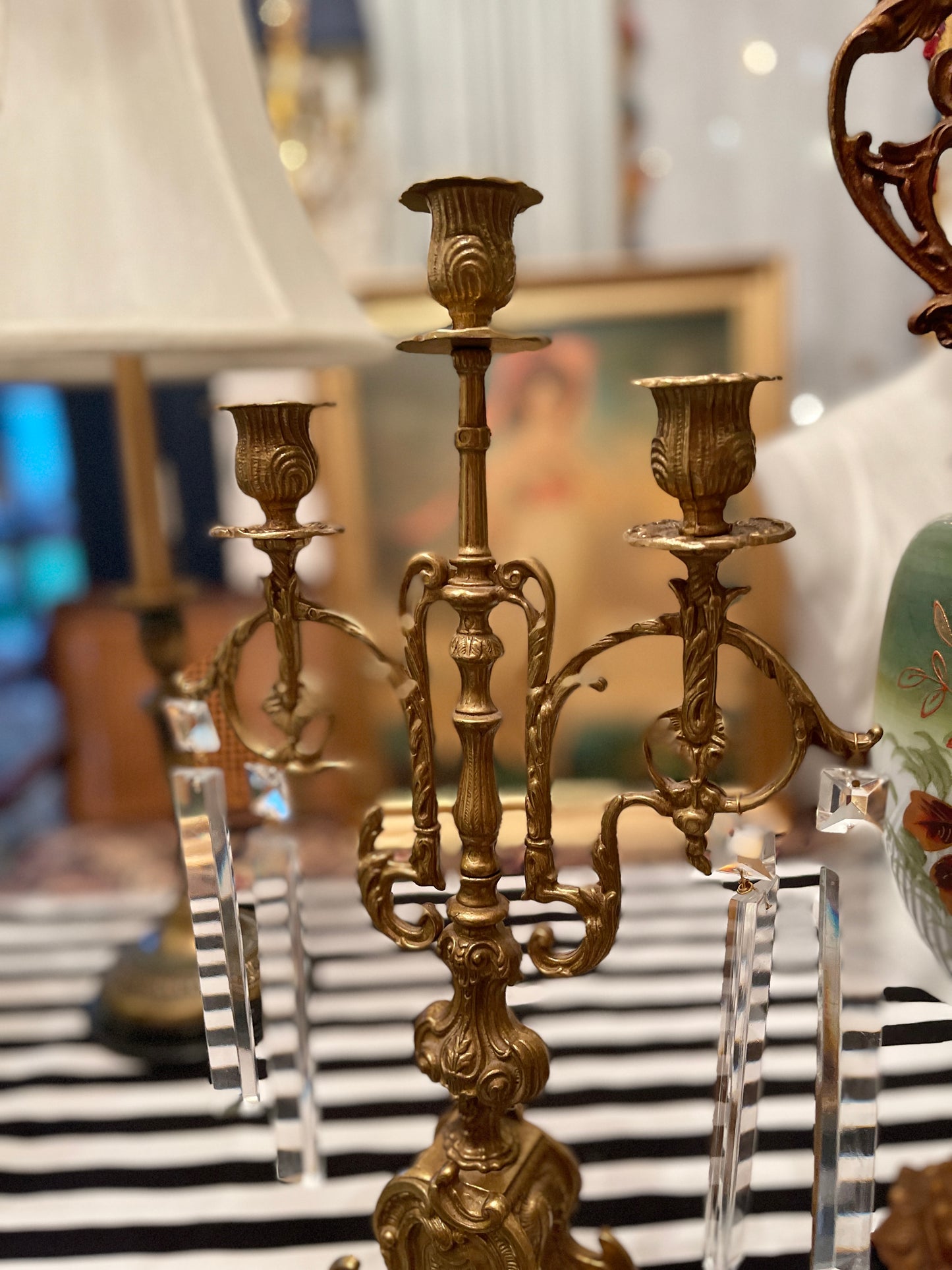 Vintage Ormolu Rococo Candlestick with Rectangular Prisms,