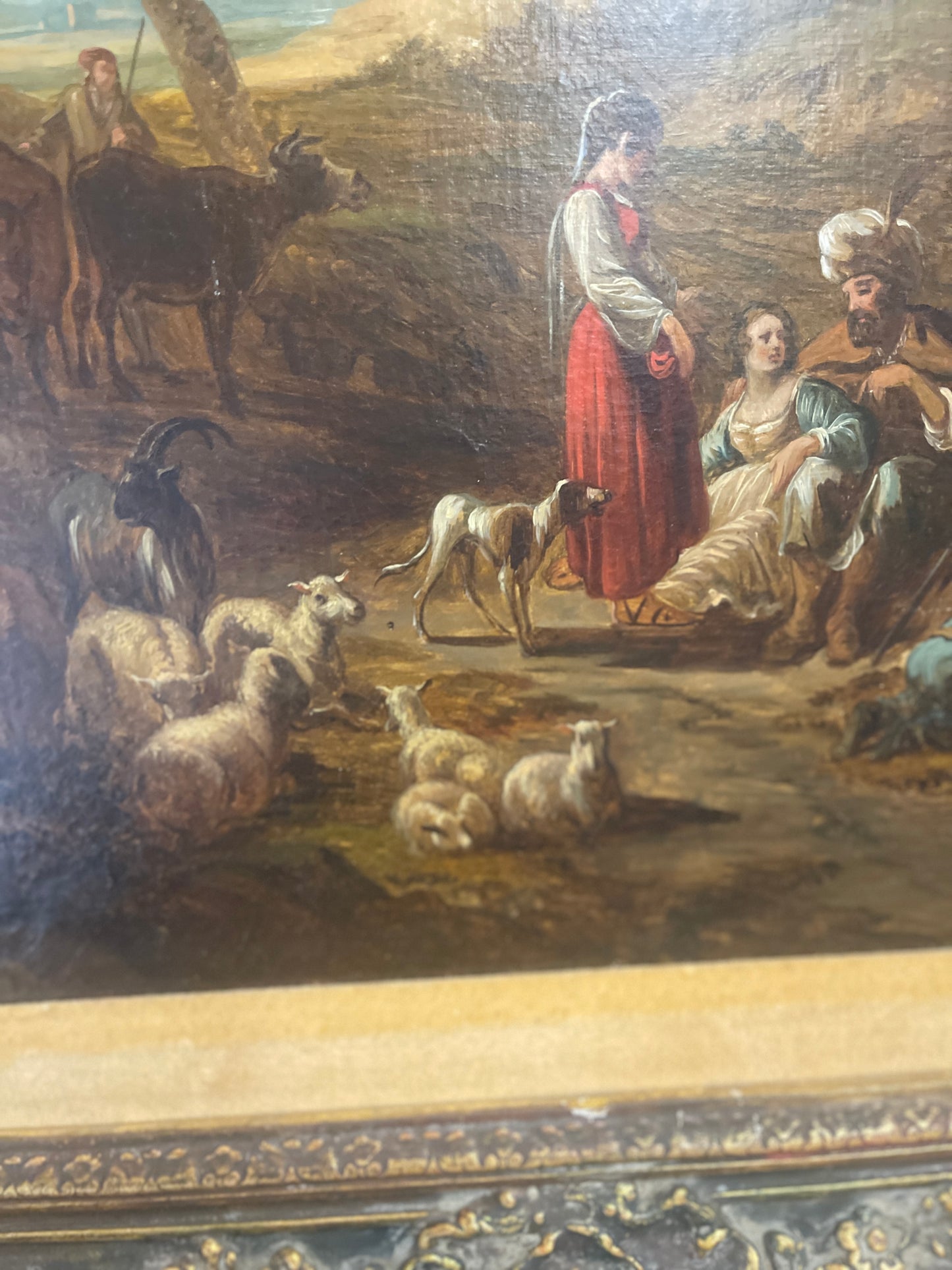 Antique Oil Painting Reproduction of Italianate landscape with Jacob, Leah and Rachel, by Nicolaes Berchem