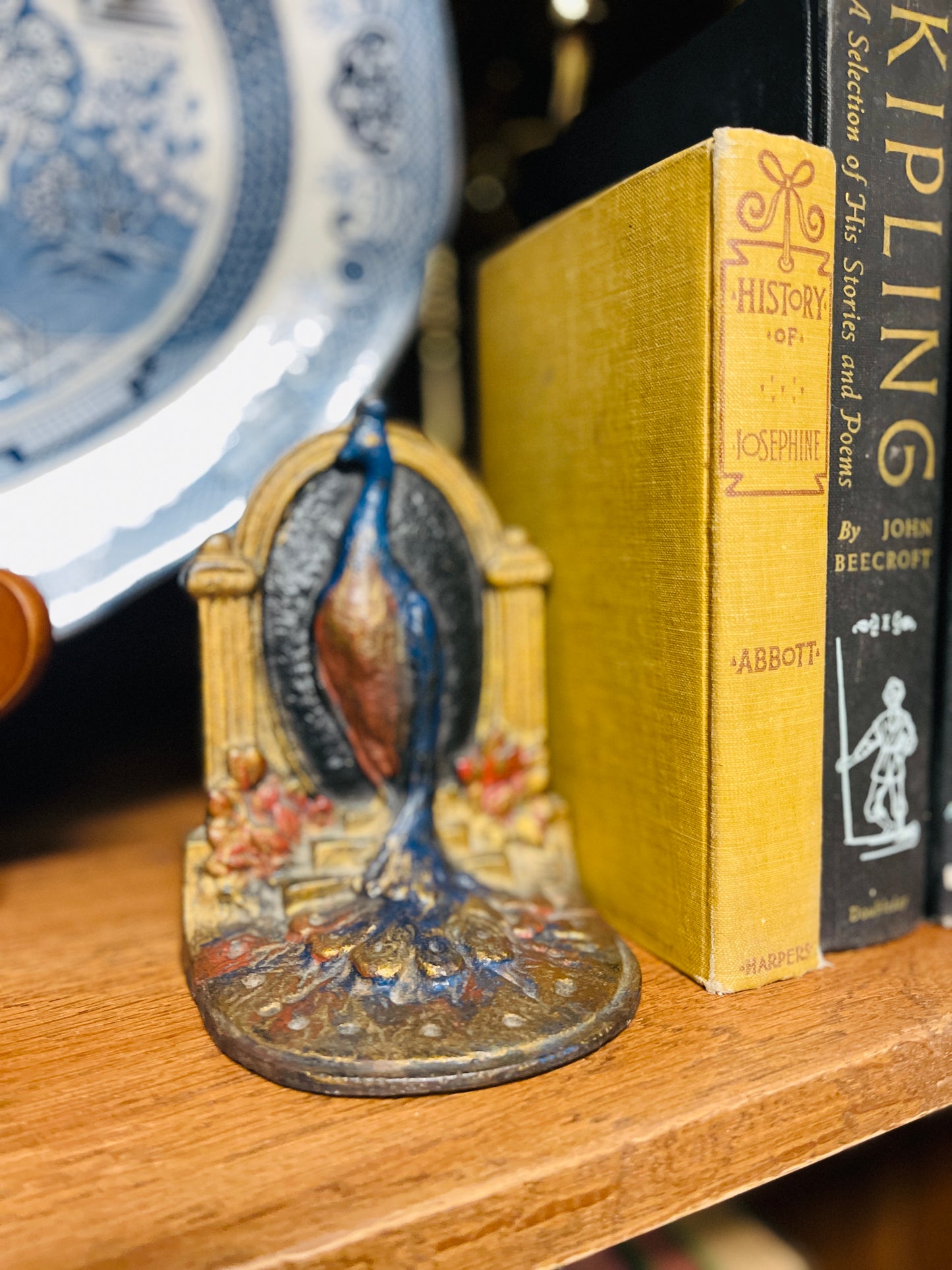 Vintage Art Nouveau Peacock Bookends, Hand Painted Cast Iron