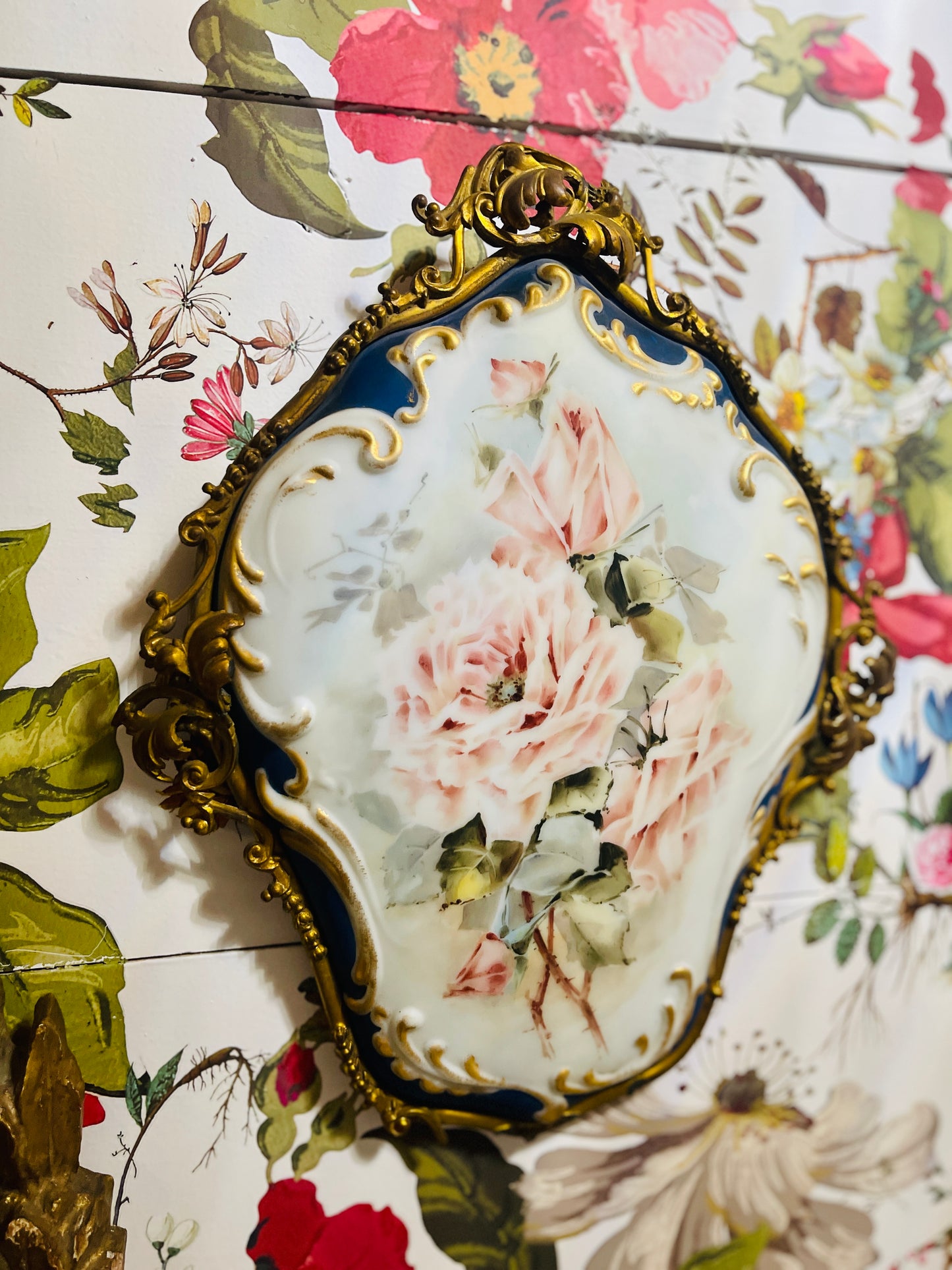 Antique Wave Crest Porcelain Plaque, Pink Roses on Opaque White with Gold Rococo Scrolled Metal Border