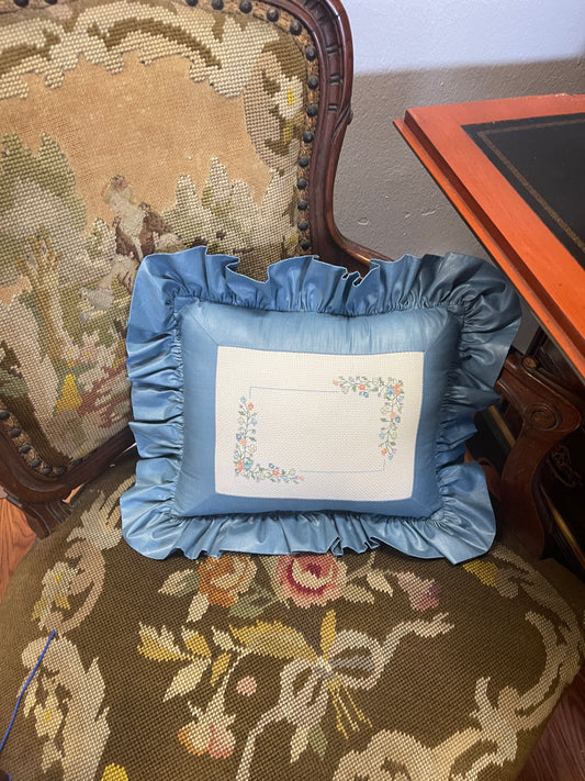 Vintage Blue Ruffled Pillow with Colorful Needlepoint Flowers, Estate Decor