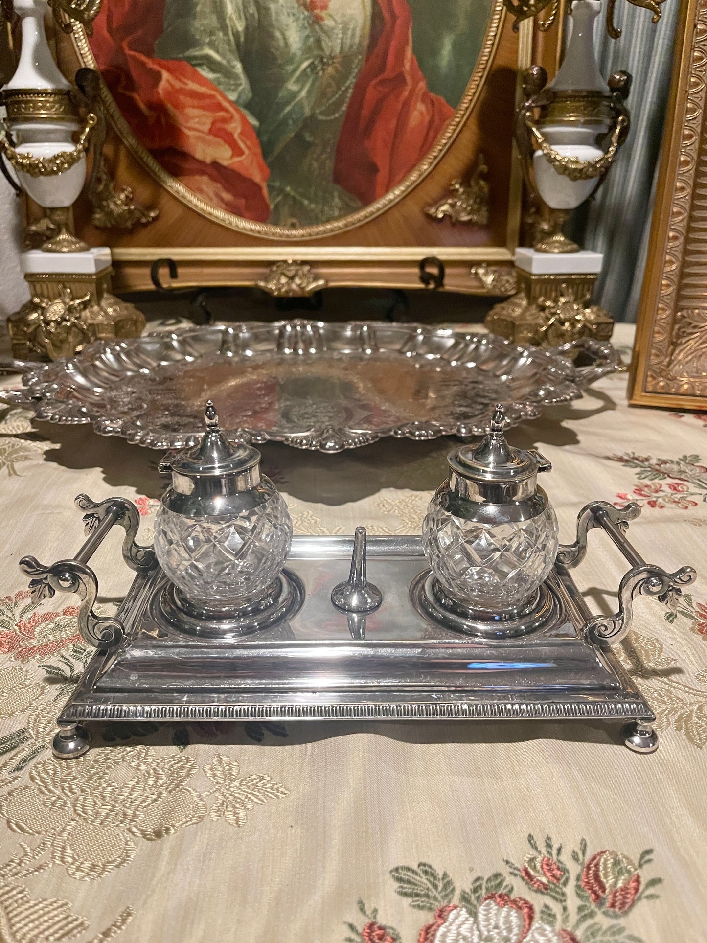 Classic Silver Plate and Cut Crystal Ink Well, Estate Decor