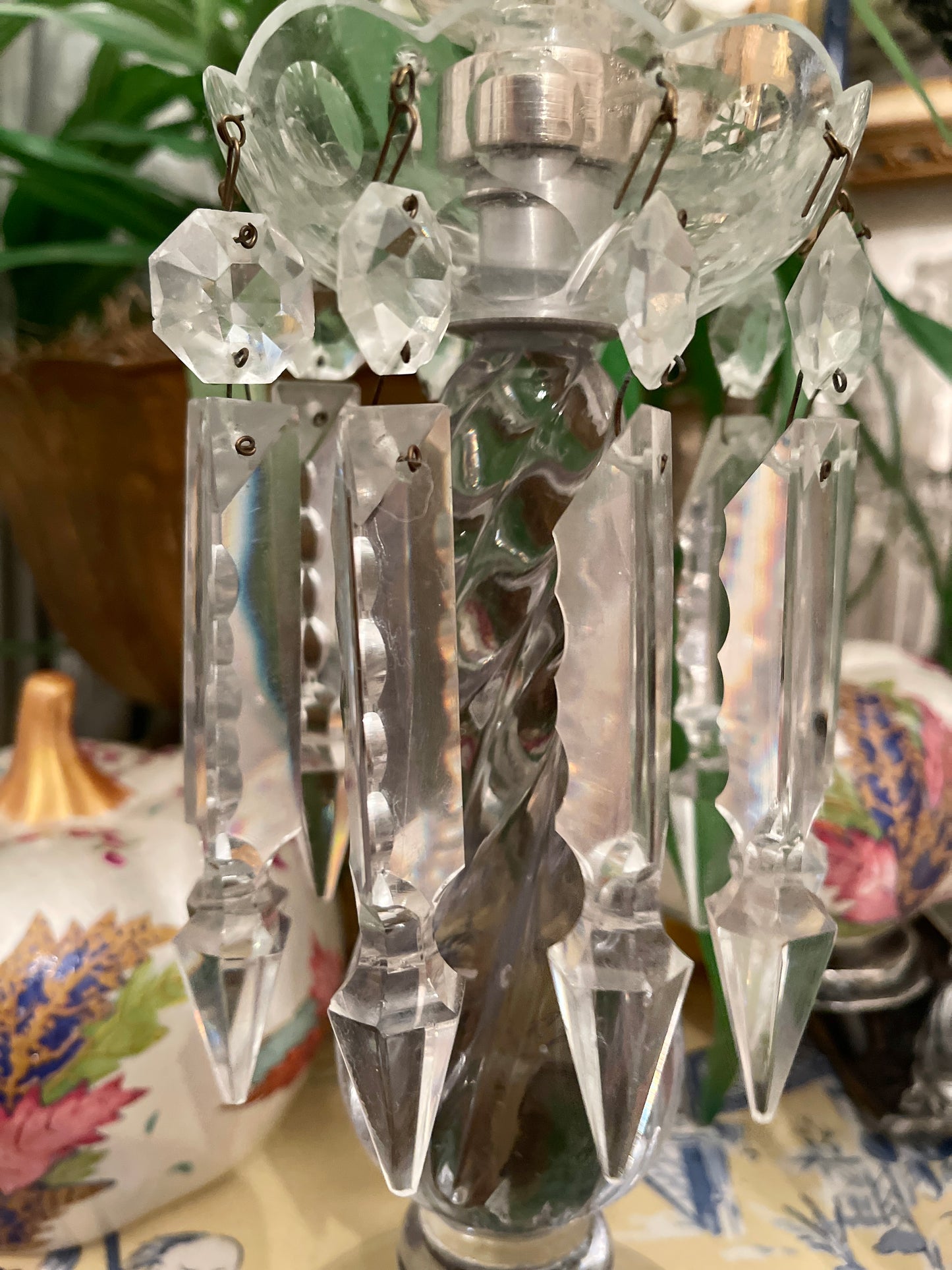 Vintage Fostoria candlesticks with blush pink votives with lusters and long prisms. This pair is truly stunning!