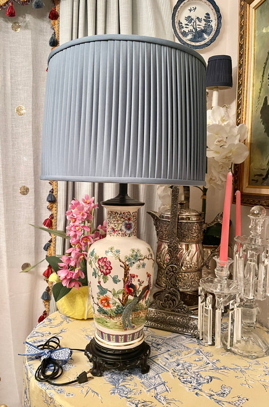 Vibrant Chinoiserie Lamp, Double Phoenix and Floral Chinoiserie Design, Ornate Metal Base