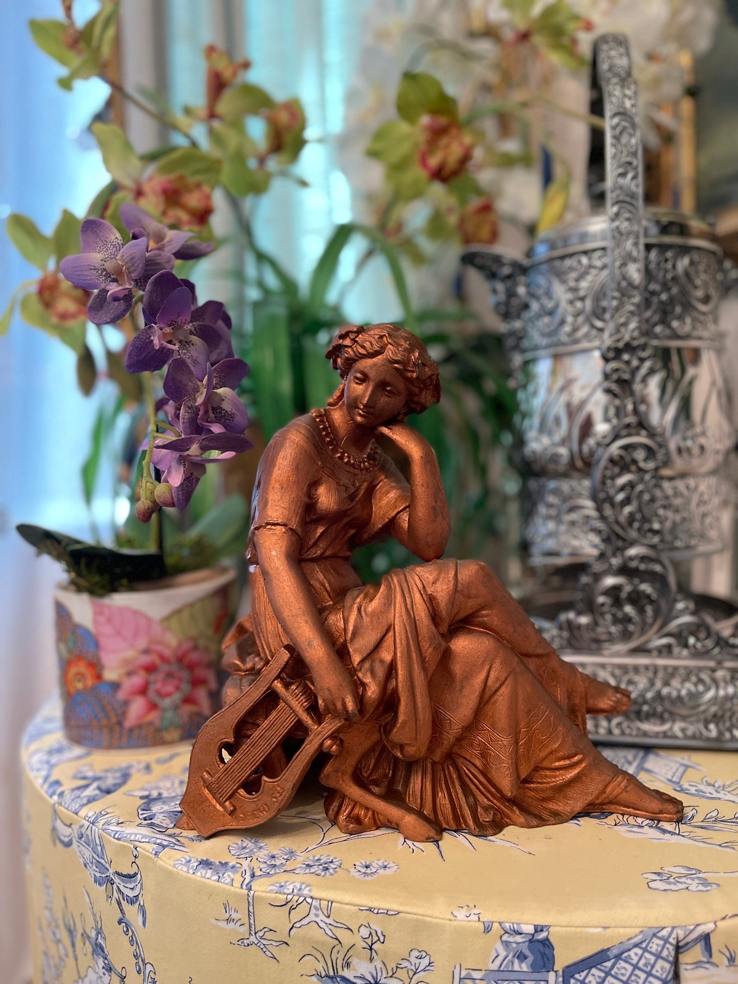 Antique Metal Erato, the Greek Muse of Love Clock Topper, Neoclassical Decor
