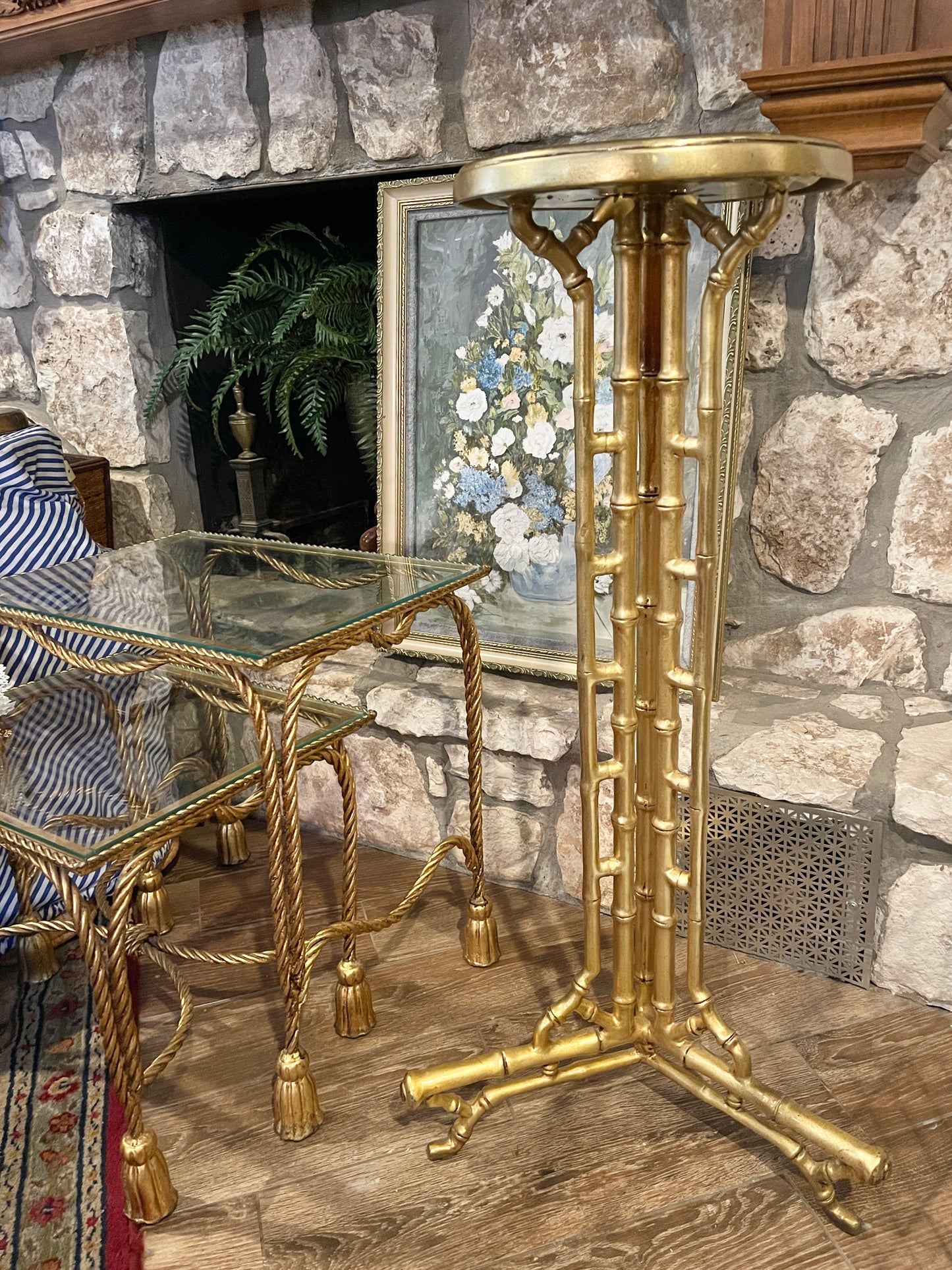 Estate Gold Tole Faux Bamboo Plant Stand, Pure Hollywood Regency Glam