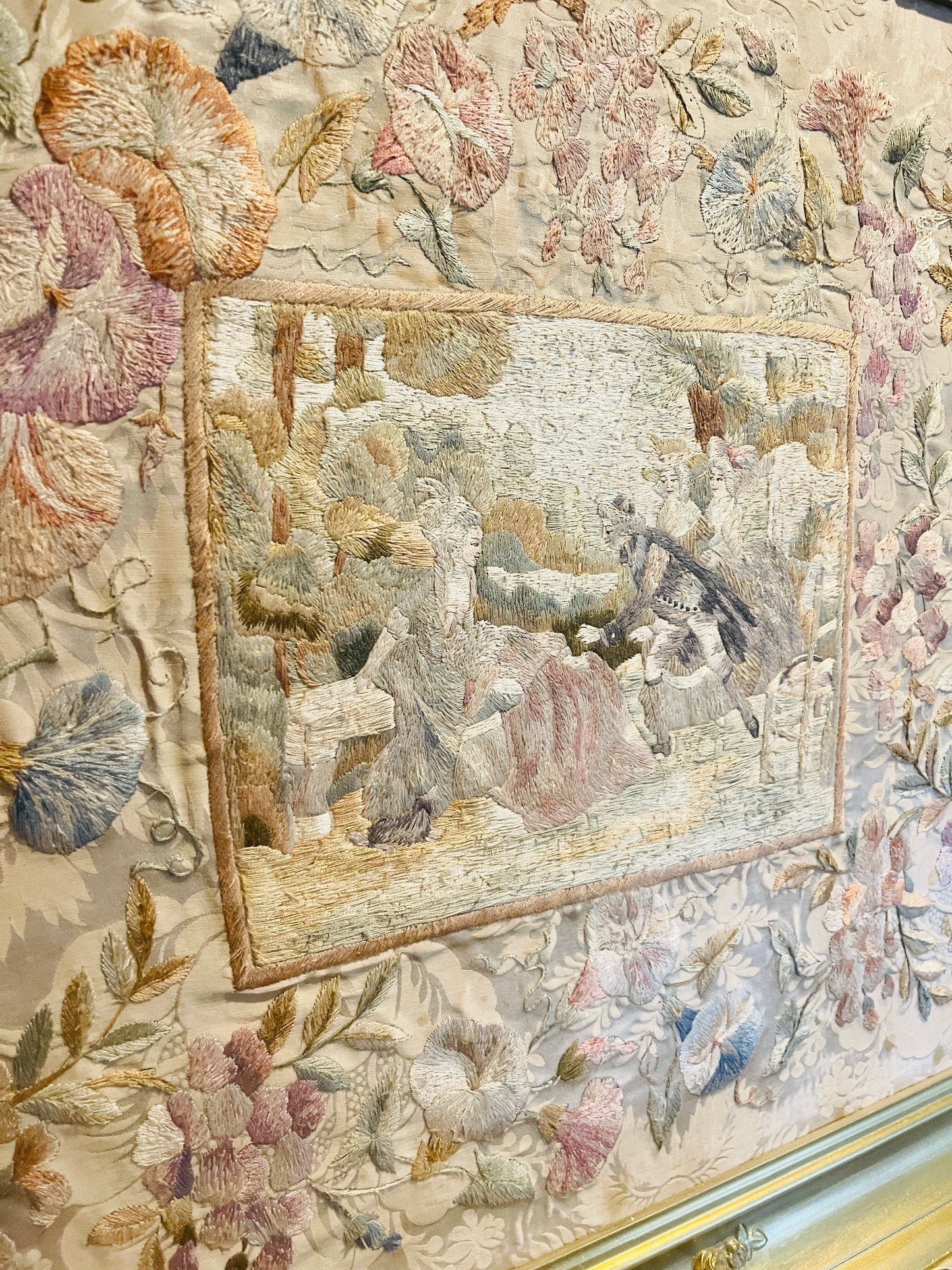 Antique Silk Embroidery in Ornate Gilded Frame – Pastoral Scene with Floral Damask | French Needlework Wall Art