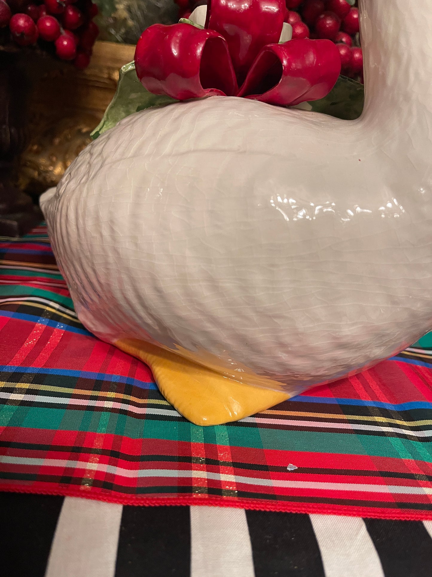 Vintage Christmas Geese with White Flowers and Red Bows, Hand Painted