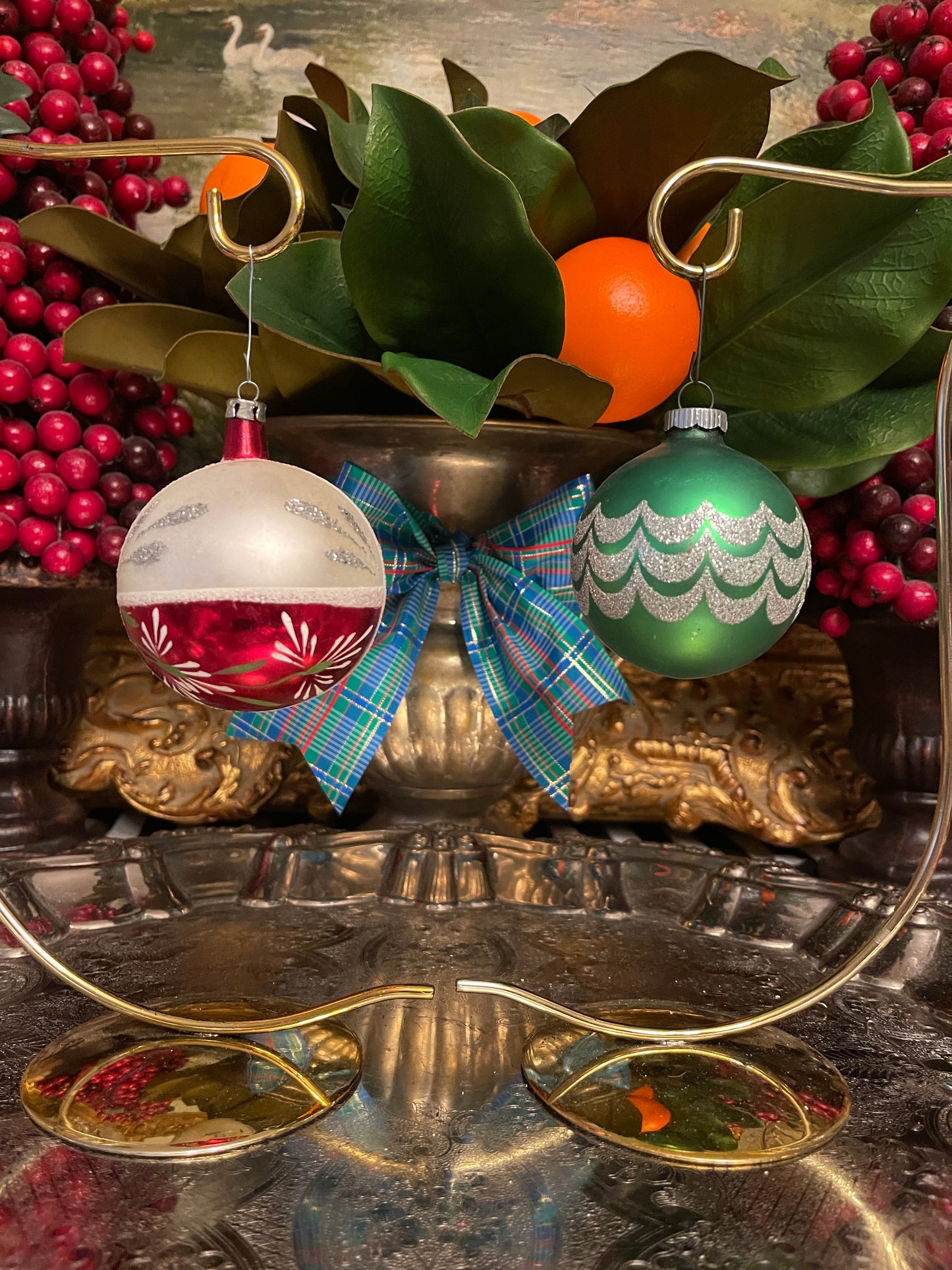 Vintage Hand Painted Red, Green, and Silver Glitter Glass Ornament Pair, Shiny Brite, Holiday Estate Decor
