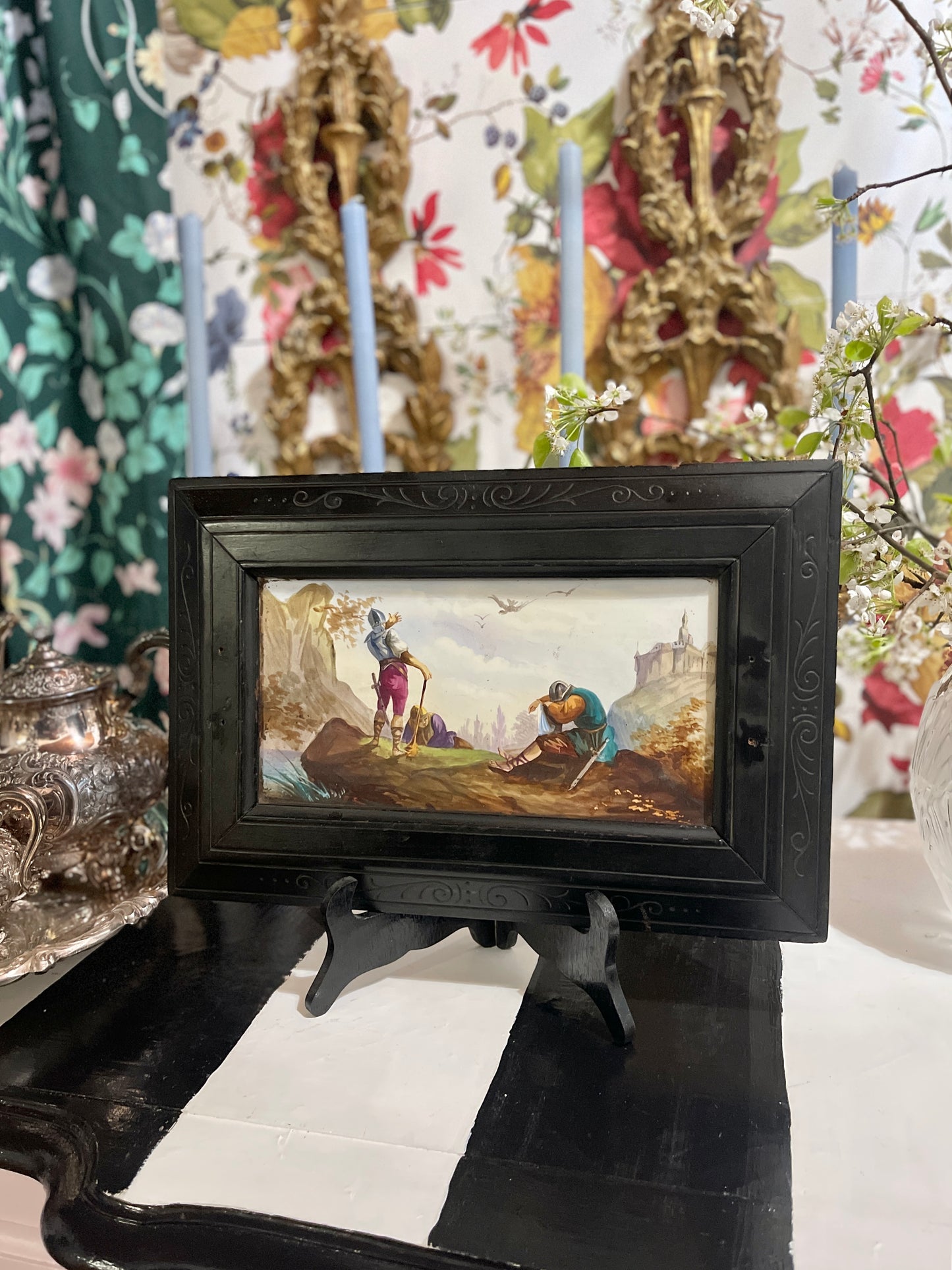 19th Century French Porcelain Napoleon III Table Top, Ebonized Wood, Hand Painted