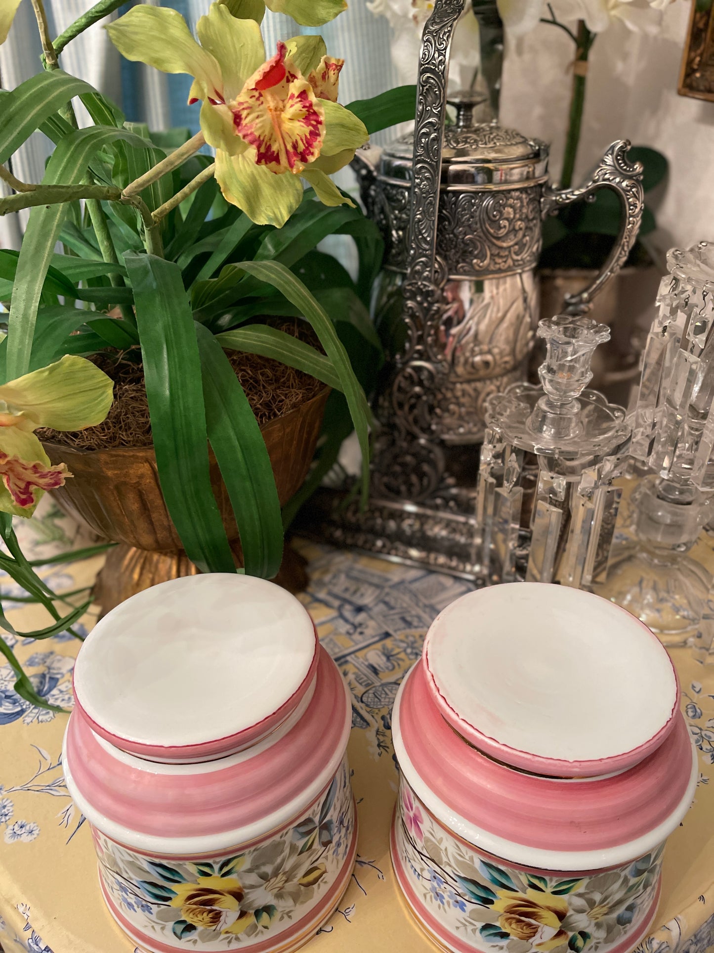 Vintage Porcelain Jardiniere, Pink and White with Hand Painted Flowers and Gilt Detail, Made in Germany, Estate Decor