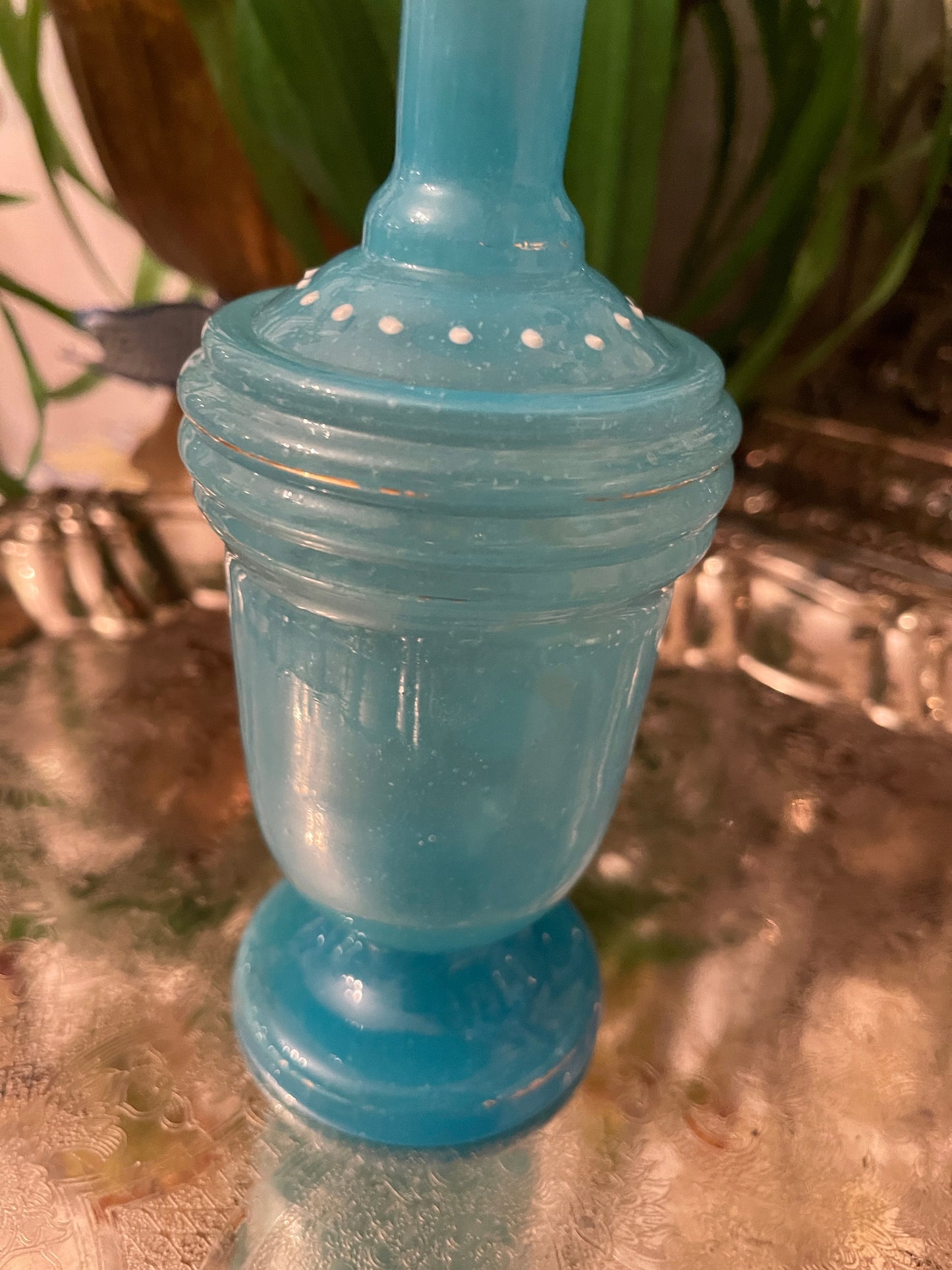 Vintage Blue Opaline Vase/Bottle with Hand Painted White Flowers, Wheat Sheaves and Gold Detail