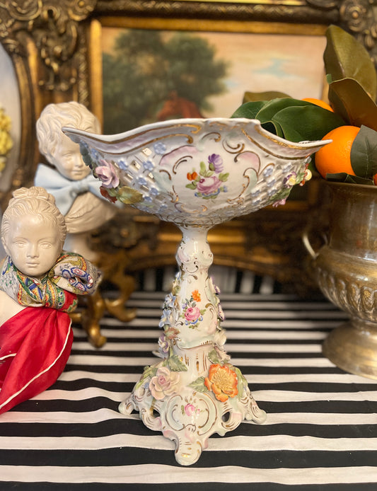 Antique Dresden Footed Reticulated Baroque Compote, Hand Painted Pink Bows and Applied Flowers
