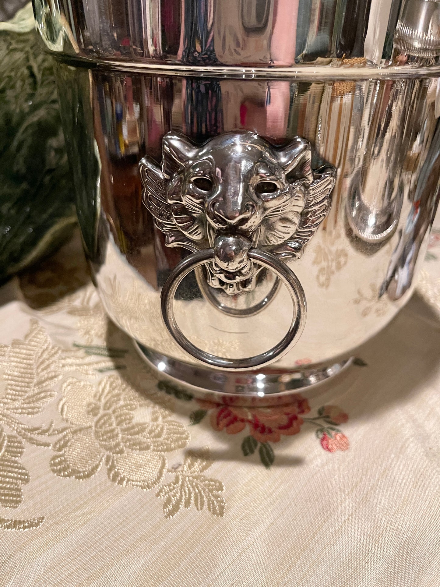 F.B. Rogers Silver Plate Ice Bucket with Lion Head and Ring Handles, Original Liner, C. 1950s