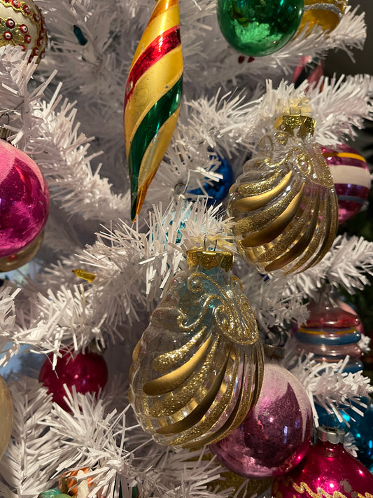 Vintage Glass and Gold Glitter Shell Ornament Pair