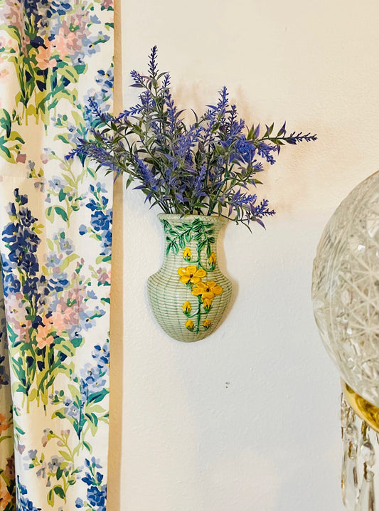 Vintage Chinoiserie  ‘Rattan Basket’ Wall Pocket with Yellow Flowers and Green Vines and Leaves, Made in Japan