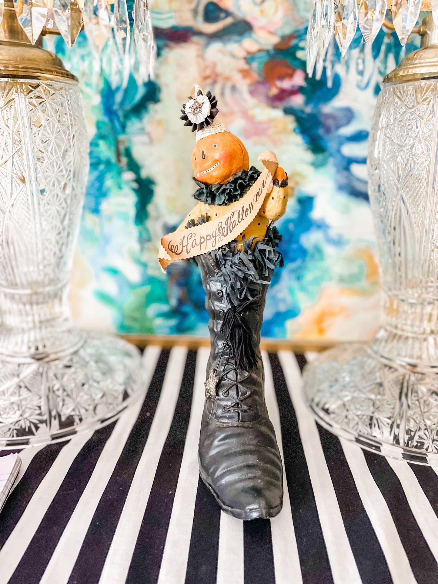Nicol Sayre Happy Halloween Jack O Lantern Pumpkin Clown in Witch's Boot - Retired