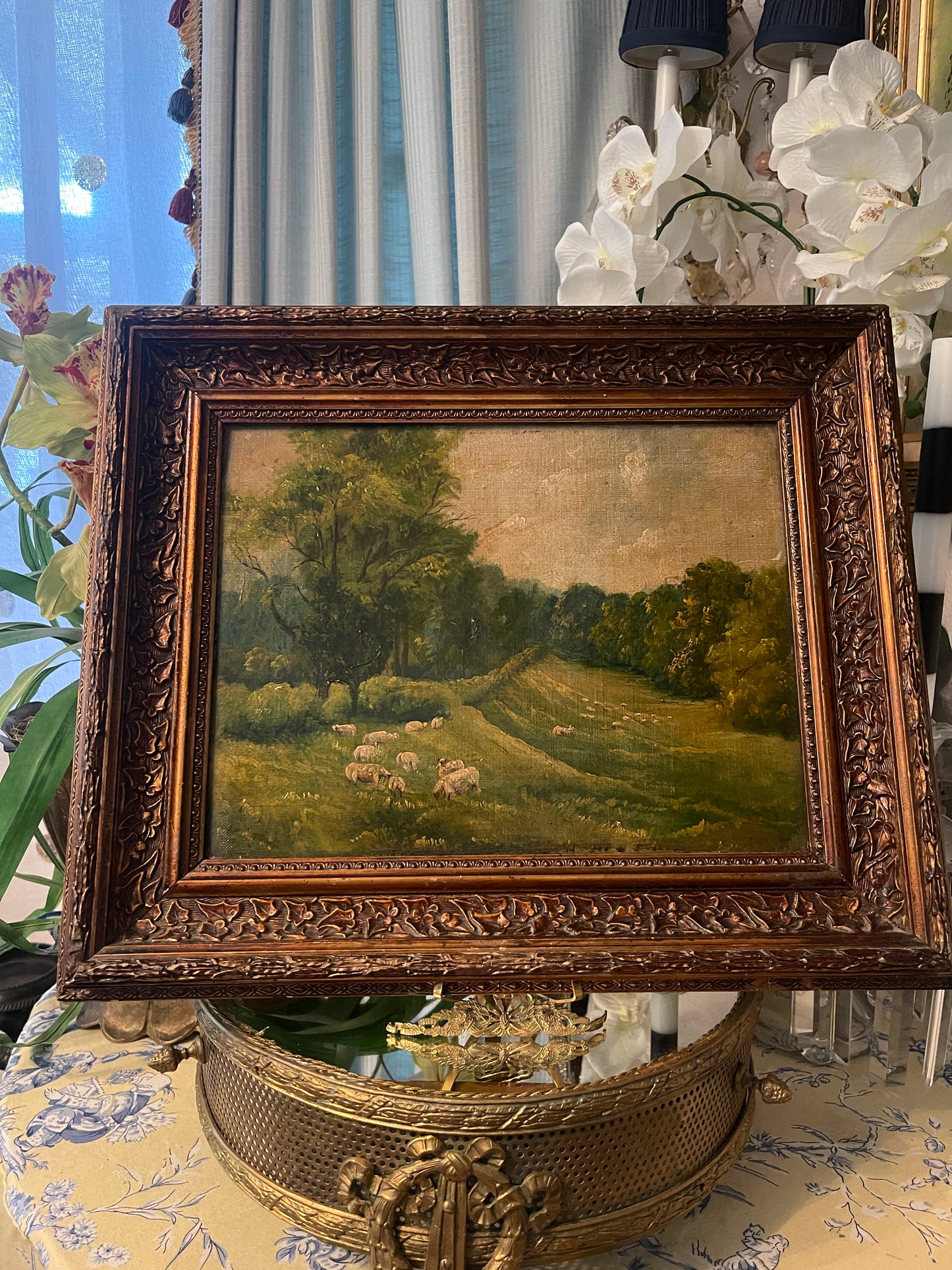 19th Century French Pastoral Oil Painting of Sheep Grazing — Antique Landscape with Varnished Finish