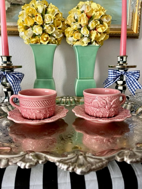 Bordallo Pinheiro Pink Bunny Cup and Carrot Plate Saucer sets, 4 pieces