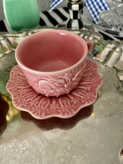 Bordallo Pinheiro Pink Bunny Cup and Carrot Plate Saucer sets, 4 pieces