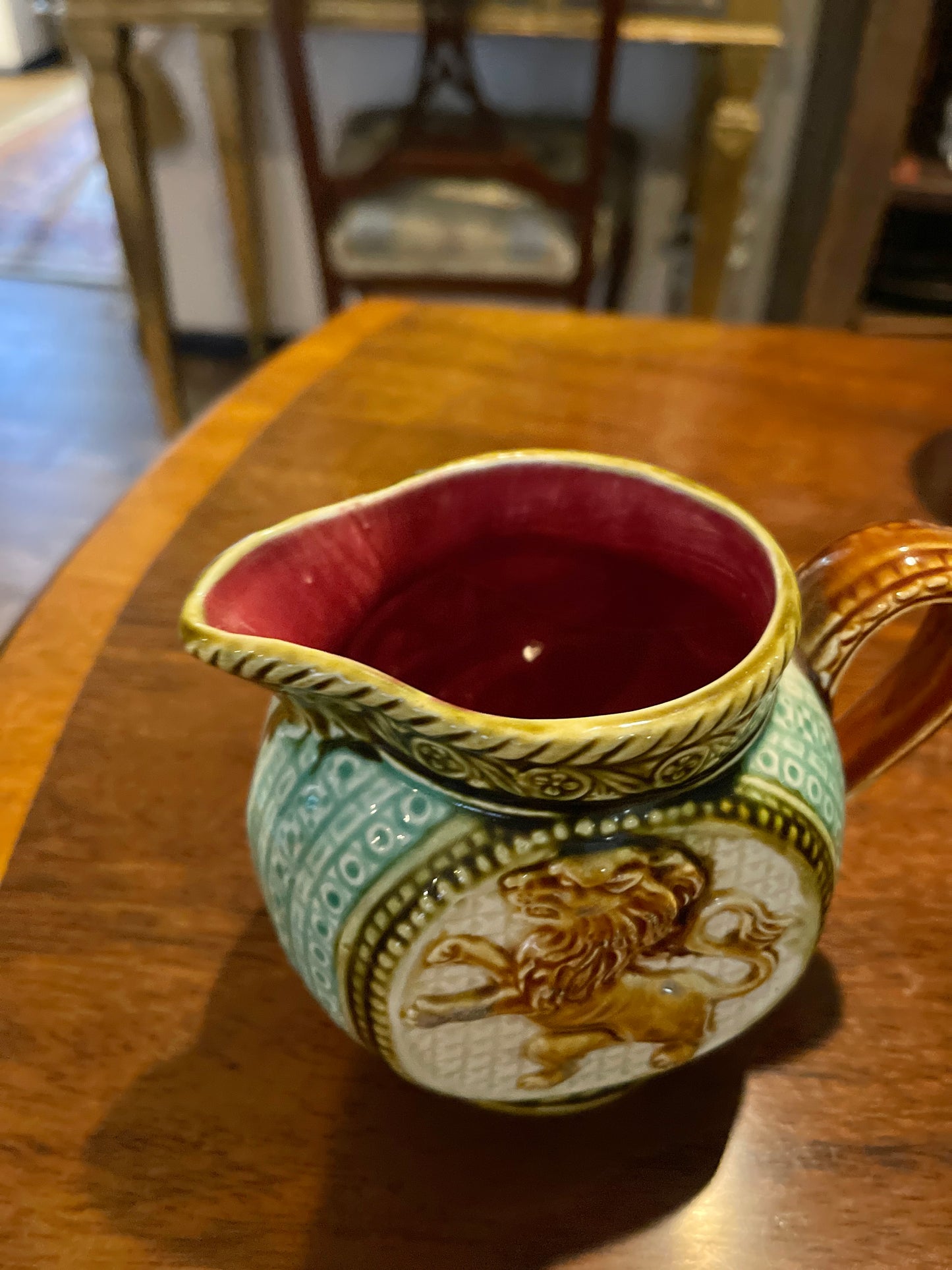 Antique Frie Onnaing Made In France Majolica Pitcher Milk Jug Creamer w/Lion