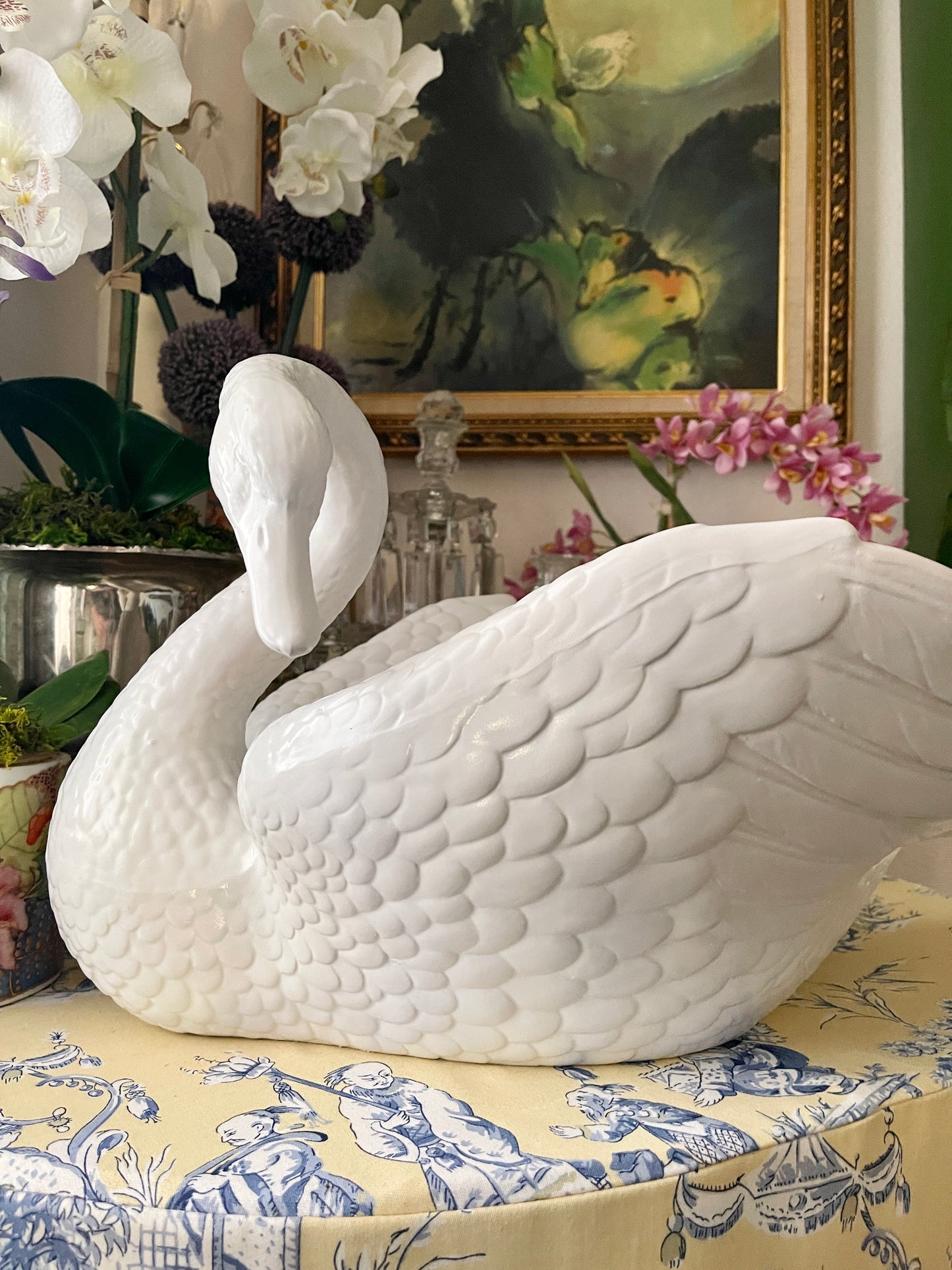 Large Glossy White Ceramic Swan