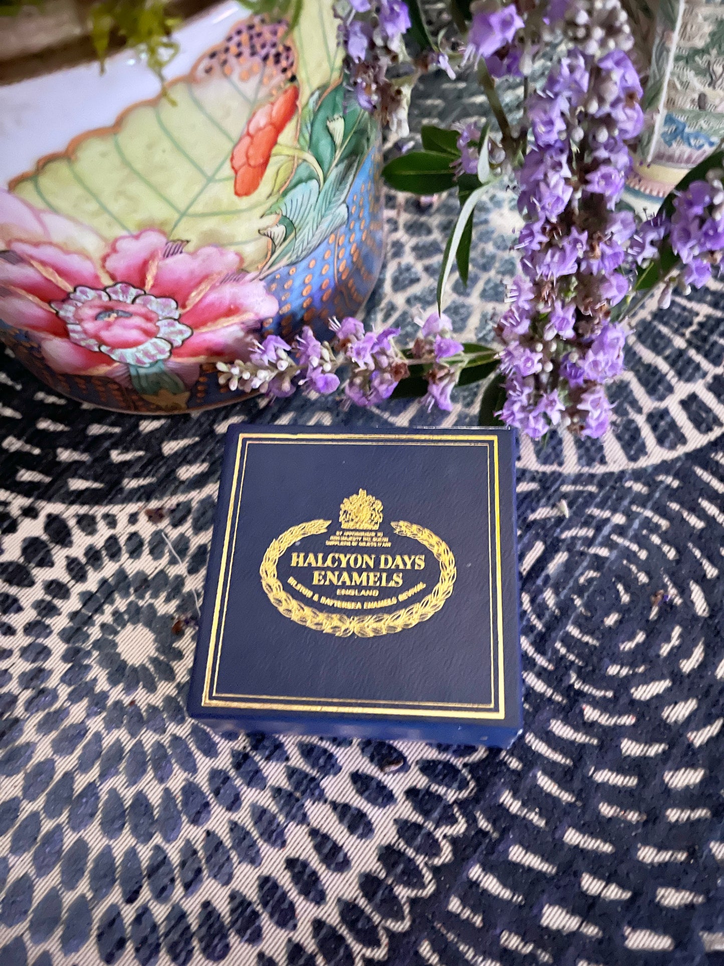 Halcyon Days MINI Enamel Box with Pink Flowers and Leafy Green Foliage, Made in England, Original Box