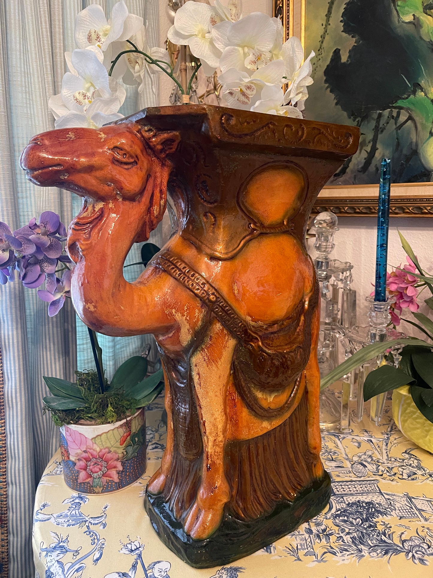 Vintage Majolica Camel Garden Stool, Plant Stand, Majolica Camel Side Table, Majolica Garden Stool