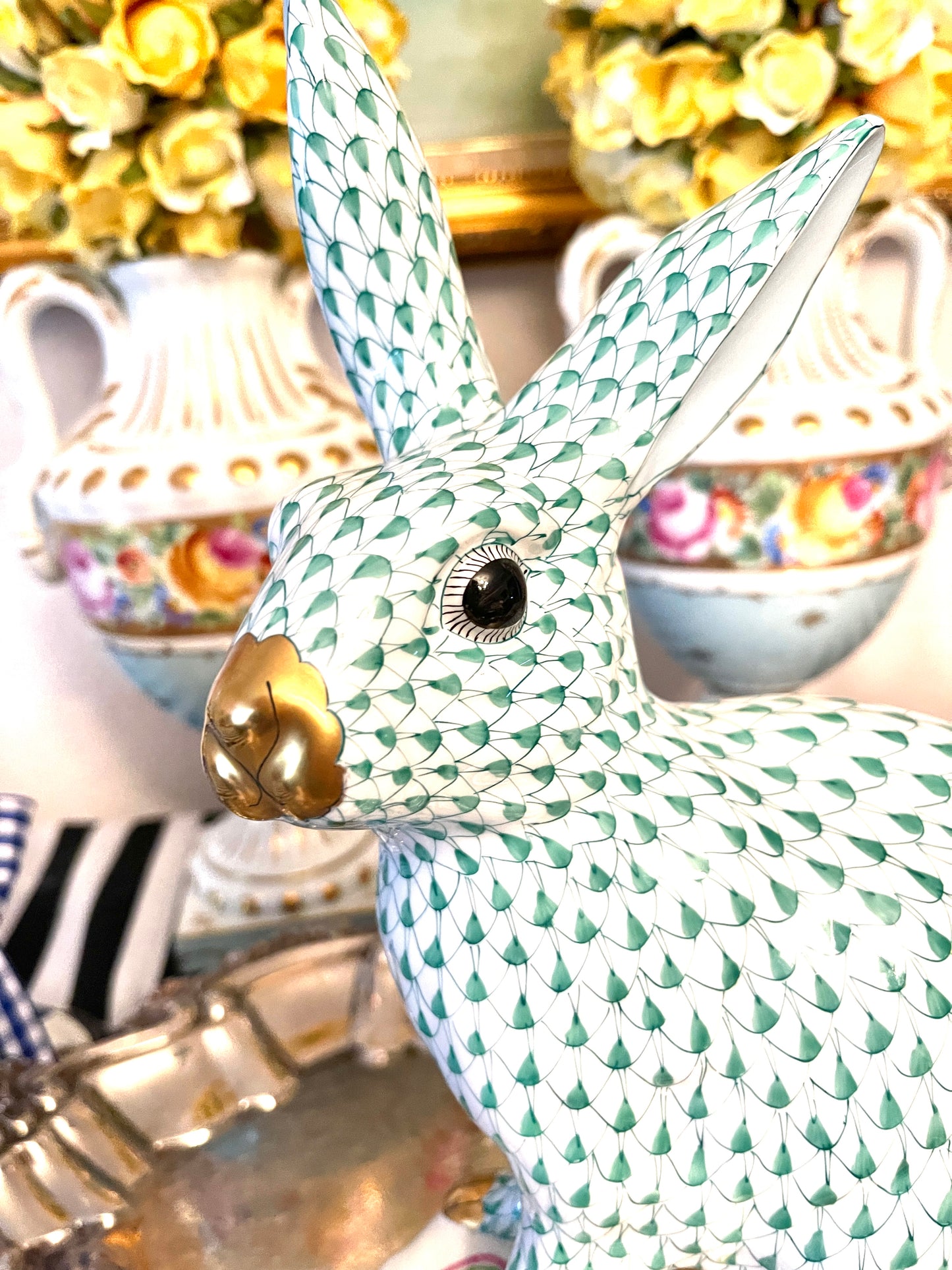 LARGE 11.75” Herend Rabbit, Hand Painted Porcelain with 22kt Gold Detail