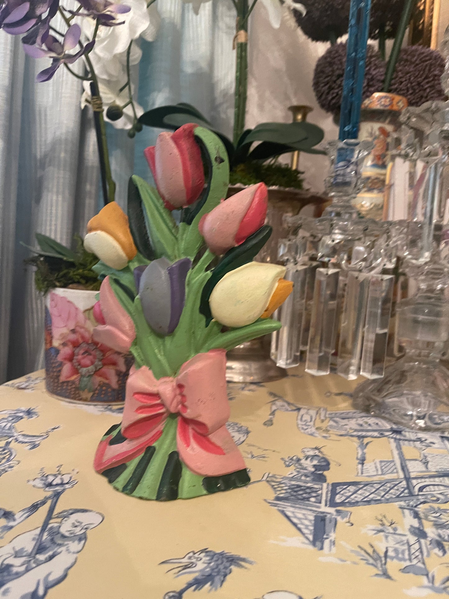 Vintage Cast Iron Tulip Bouquet with Pink Bow