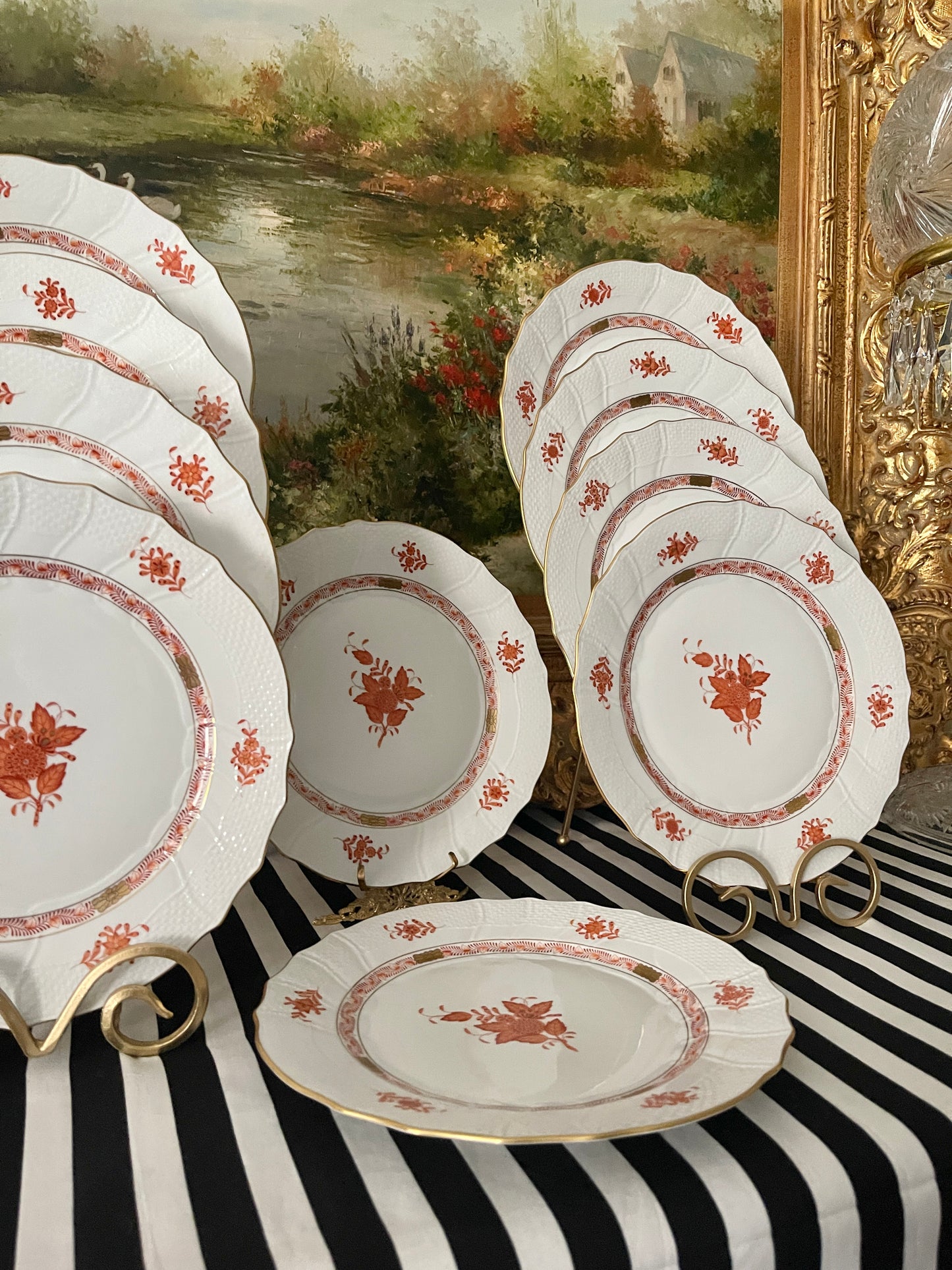Herend Rust Chinese Bouquet 10.25" Dinner Plates, Sold in Pairs