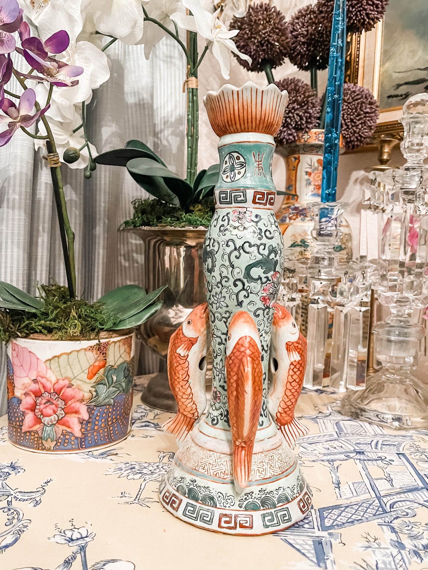 Vintage Chinoiserie Koi Candlestick, Hand Painted Greek Key Detail, Chinoiserie Bookshelf Decor
