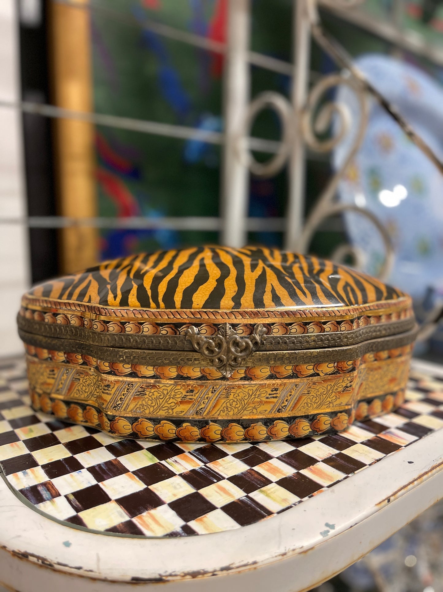 Large Vintage Tiger Print and Ormolu Porcelain Lidded Box