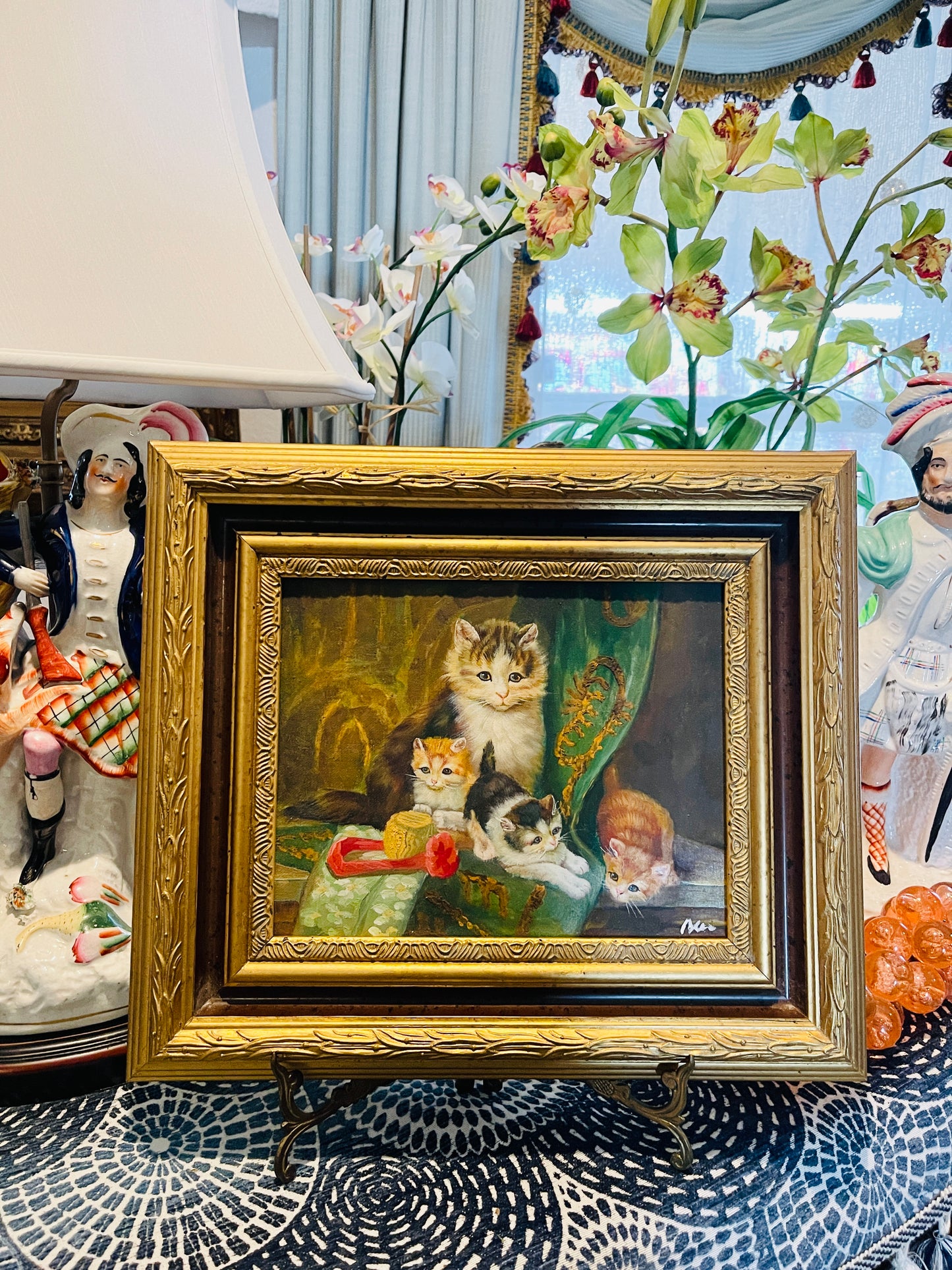 Cats Lounging on a Green Curtain Oil Painting, Vintage Oil on Board, Vintage Wall Art