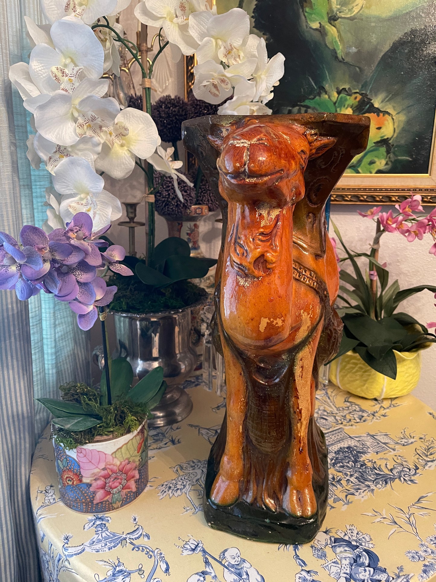Vintage Majolica Camel Garden Stool, Plant Stand, Majolica Camel Side Table, Majolica Garden Stool