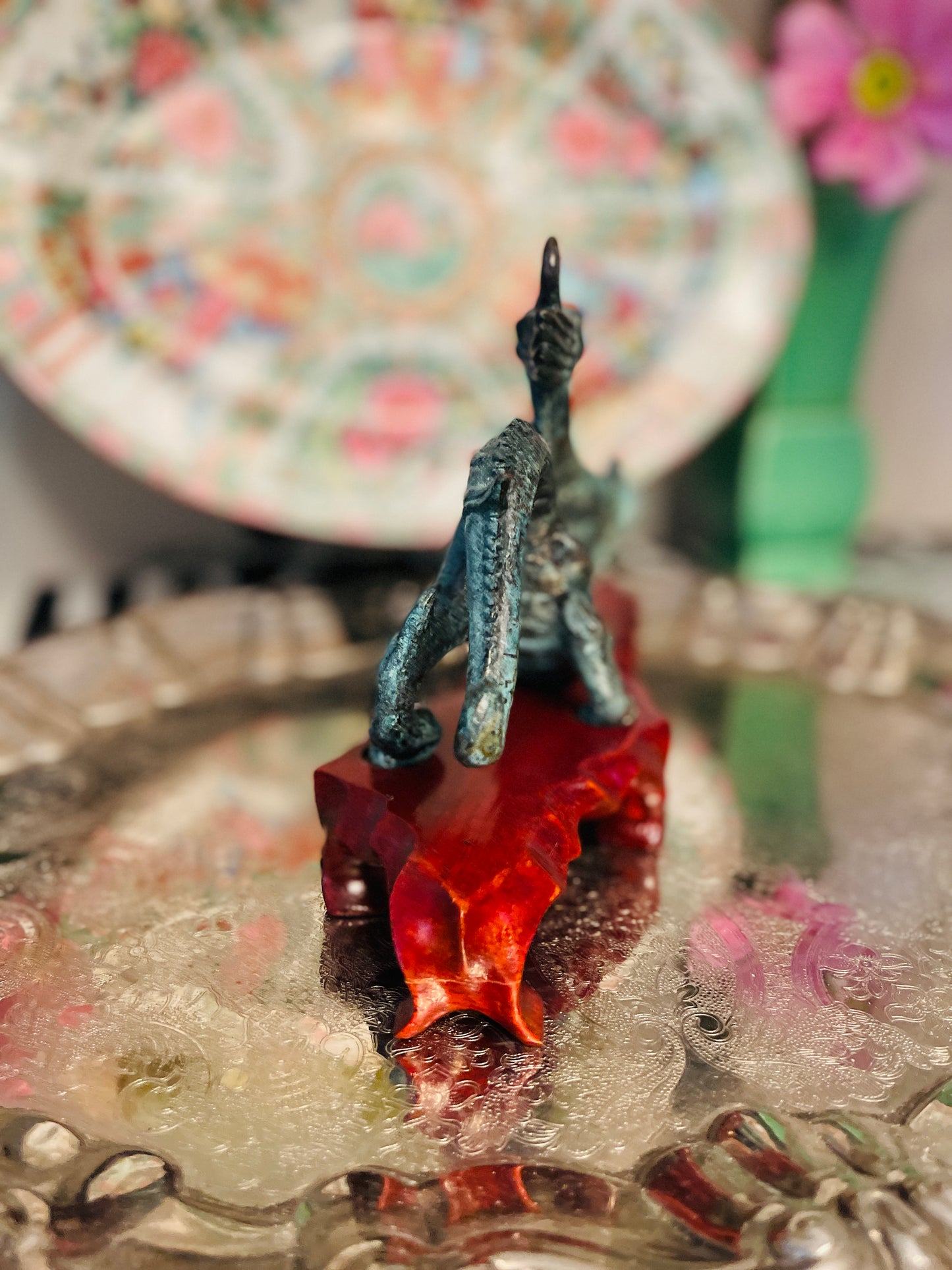 Vintage Chinese Verdigris Bronze Dragon on Wood Base, Chinoiserie Shelf Decor