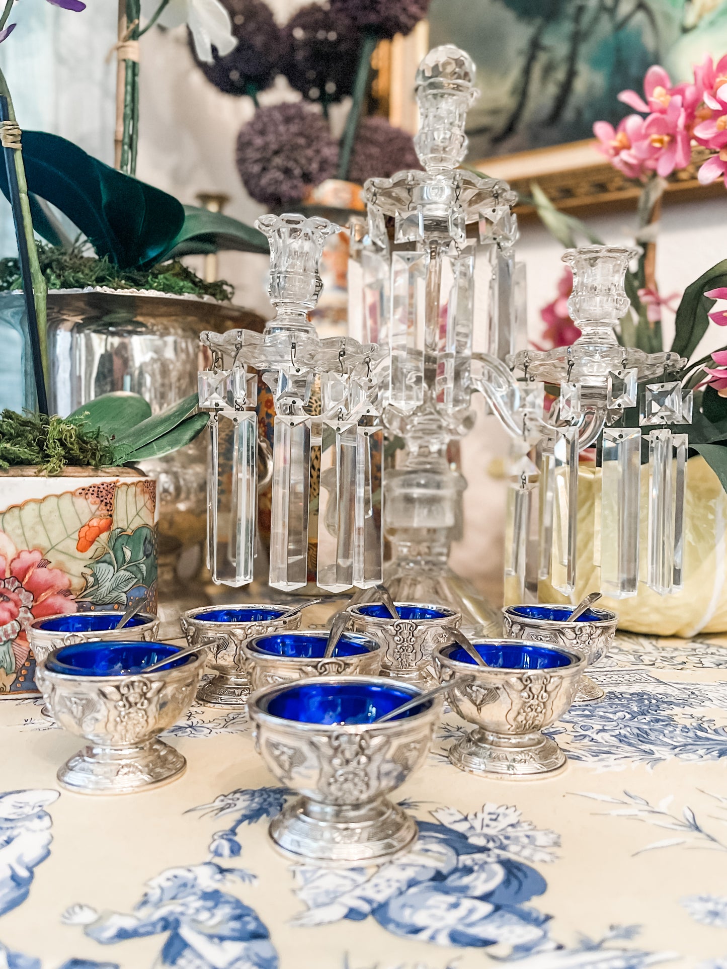 Vintage Cornell & Co Silverplate Salt Cellar with Cobalt Glass Liner, Set of Two with Spoons, Made in Japan