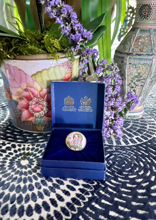 Halcyon Days MINI Enamel Box with a Doll and a Staffordshire Spaniel,  Made in England, Original Box