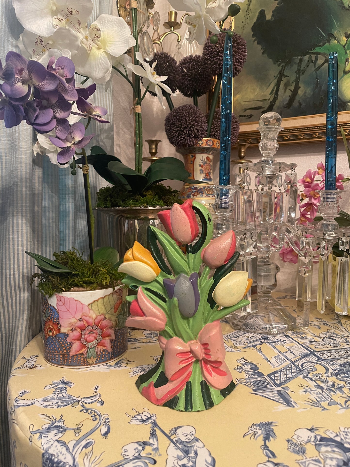 Vintage Cast Iron Tulip Bouquet with Pink Bow