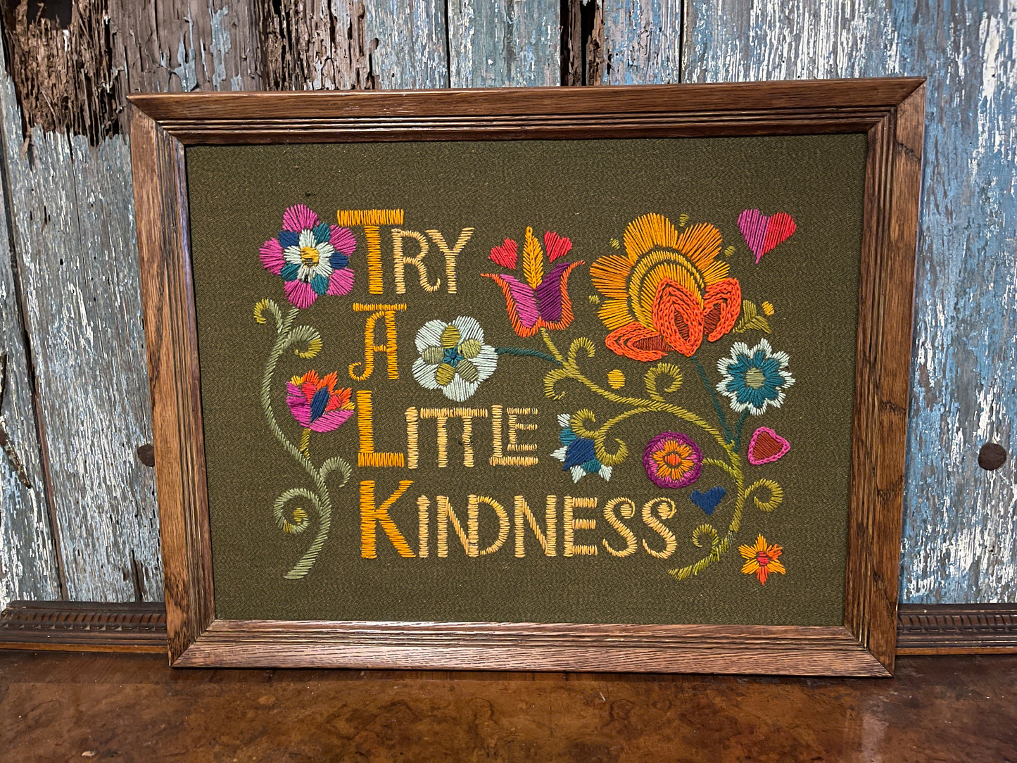 Vintage Crewel, Floral Design, Vibrant Colors, Vintage Wall Art, Framed Crewel