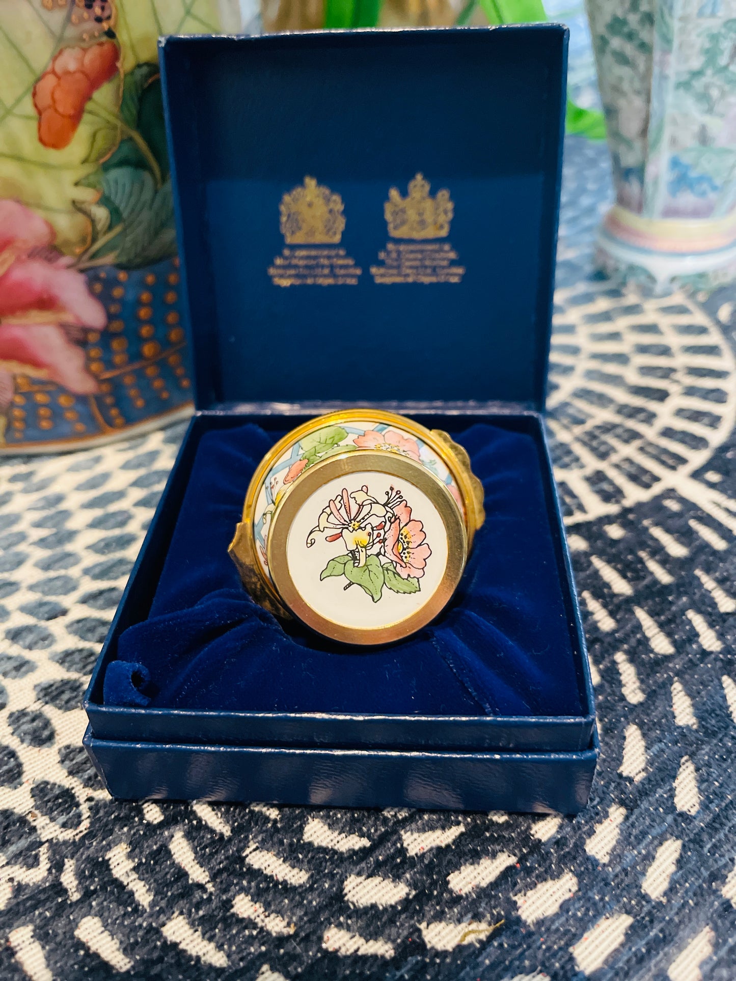 Vintage Halcyon Days Enamel Box with Pink and Yellow Flowers Draped on a Blue Trellis, Made in England