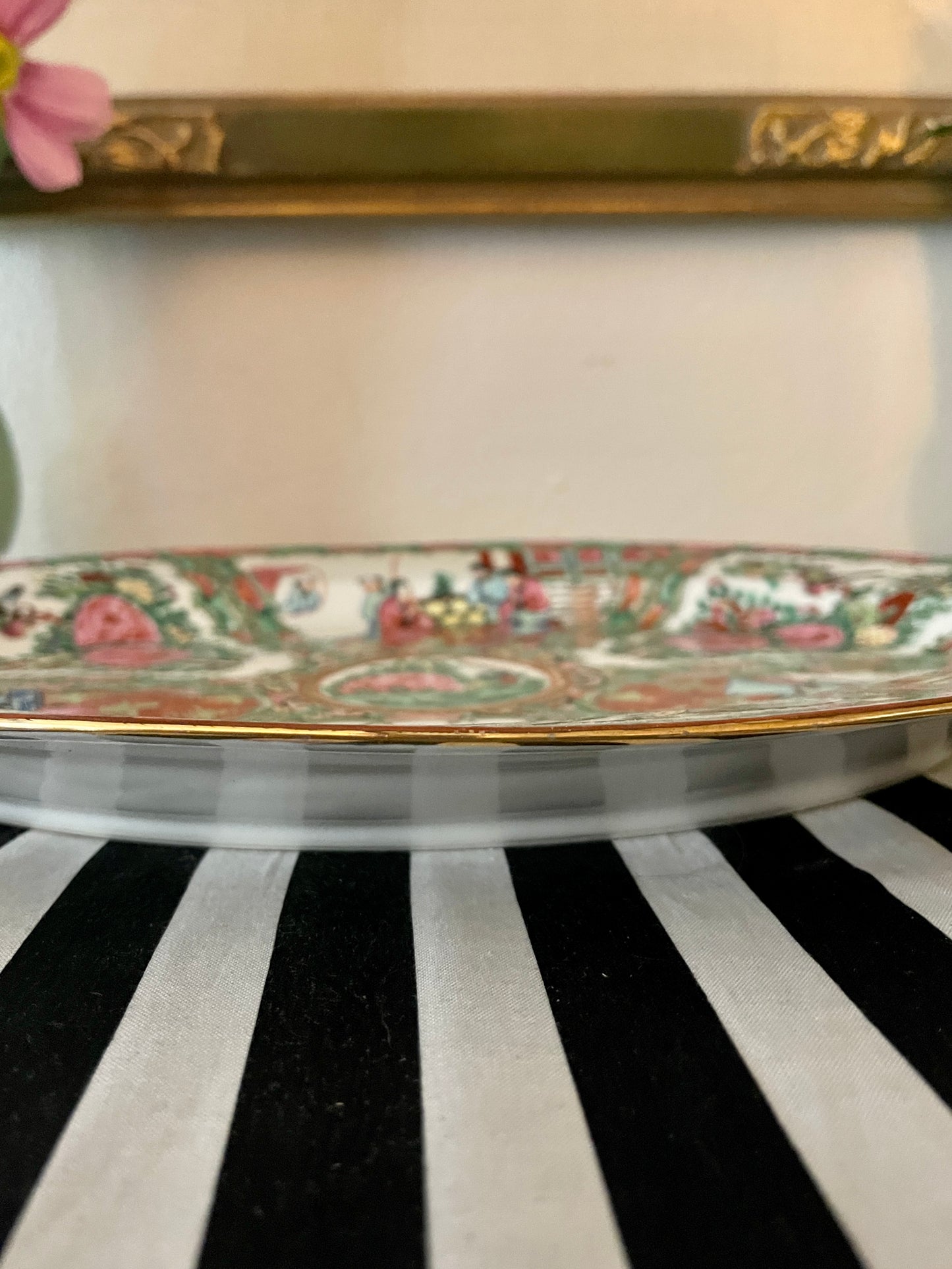 Large Vintage Oval Rose Medallion Platter, Hand Painted, Decorated in Hong Kong,